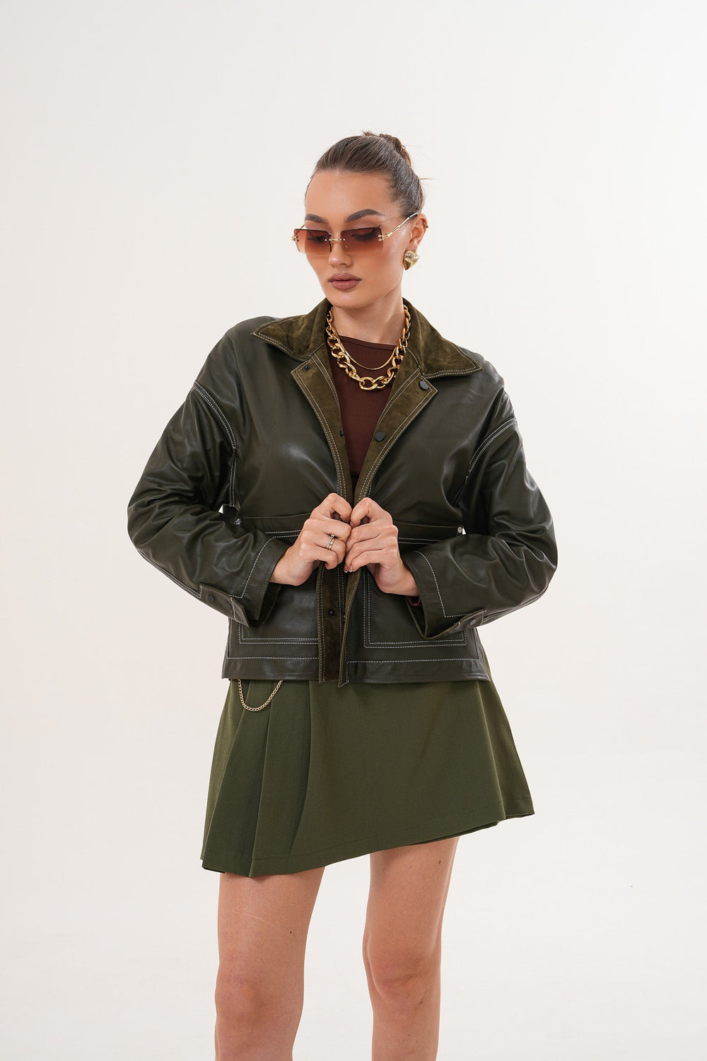 The Solviera Reversible Olive Suede Leather Jacket - Vinci Leather