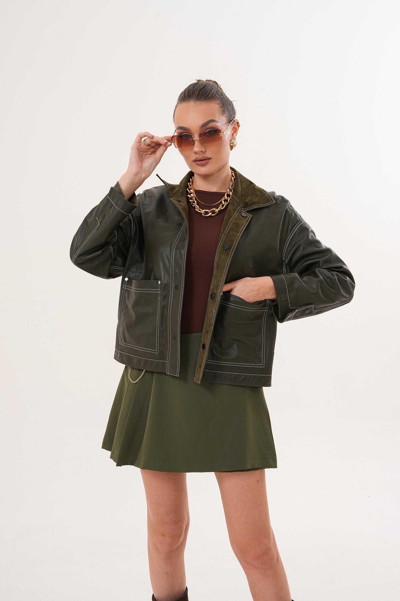 The Solviera Reversible Olive Suede Leather Jacket - Vinci Leather