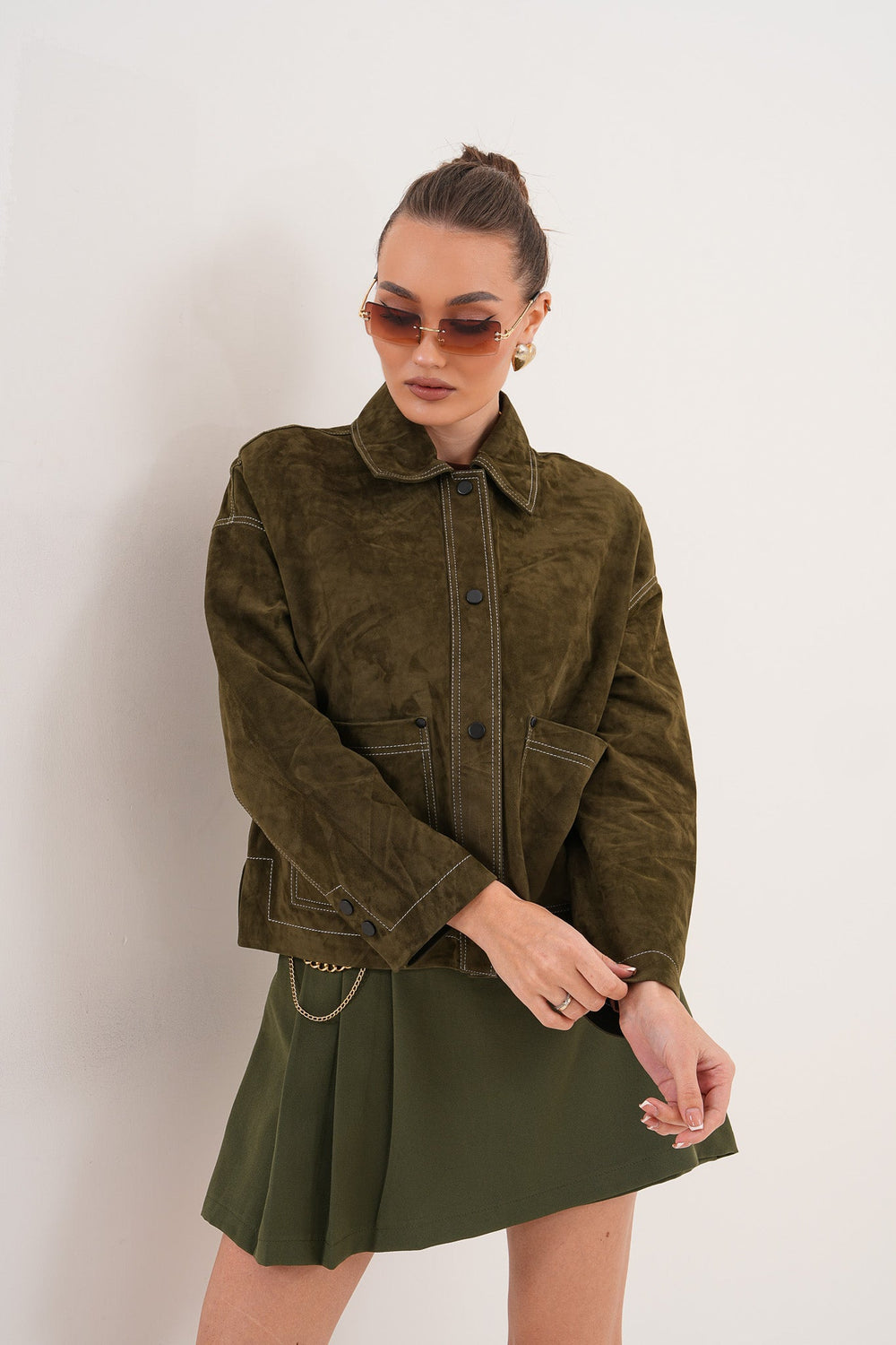 The Solviera Reversible Olive Suede Leather Jacket - Vinci Leather