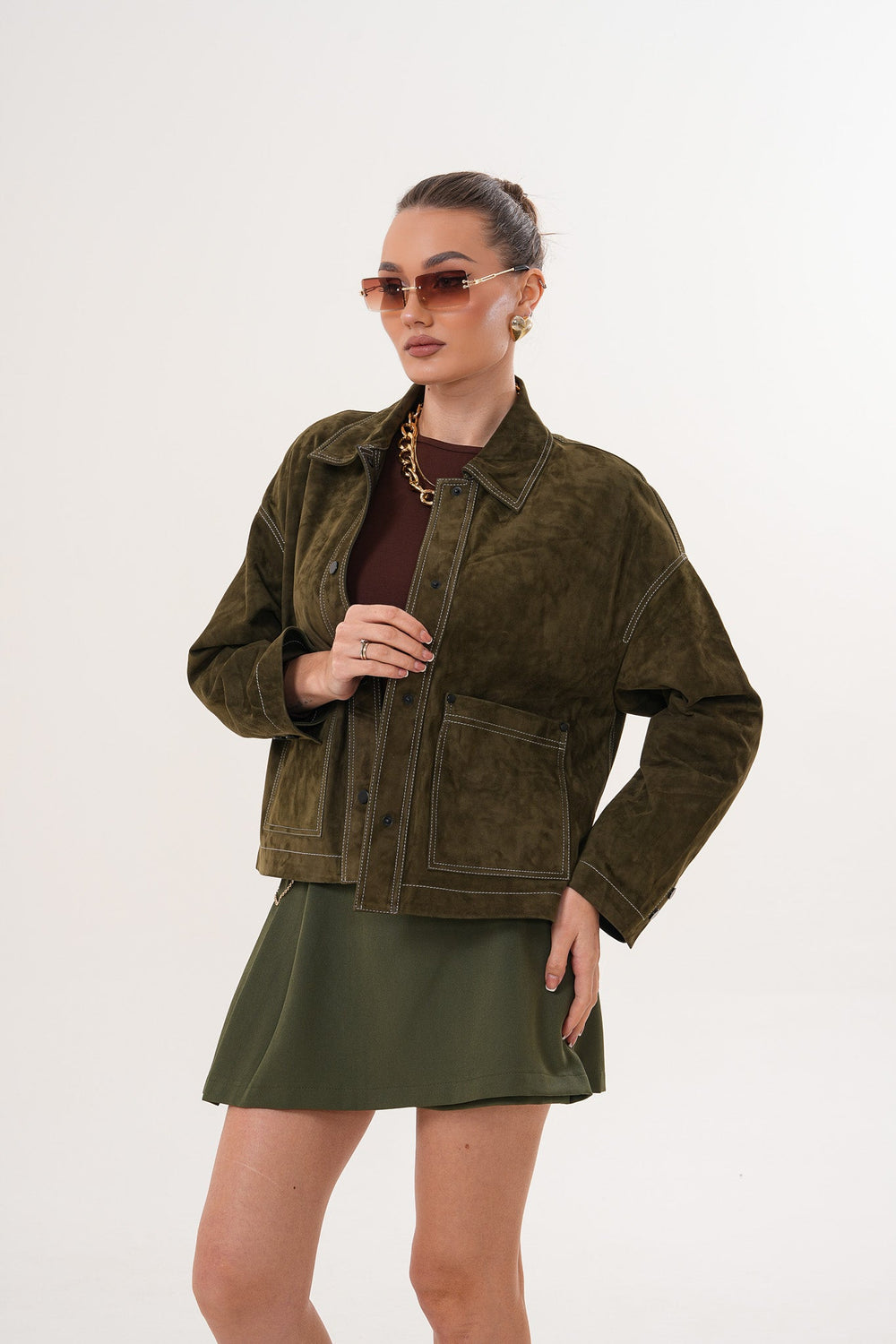 The Solviera Reversible Olive Suede Leather Jacket - Vinci Leather