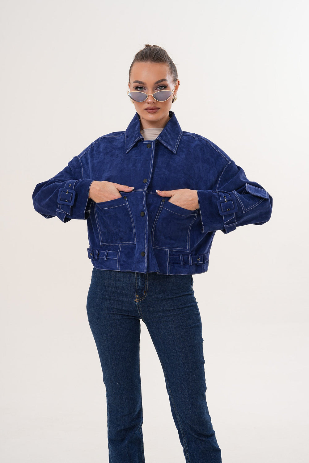 The Velmira Reversible Navy Blue Suede Leather Jacket - Vinci Leather