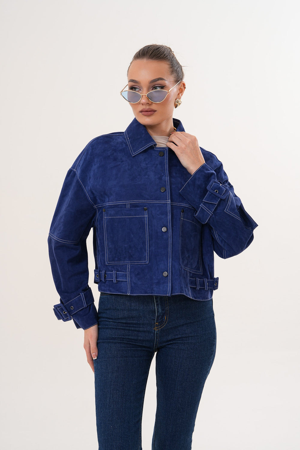 The Velmira Reversible Navy Blue Suede Leather Jacket - Vinci Leather