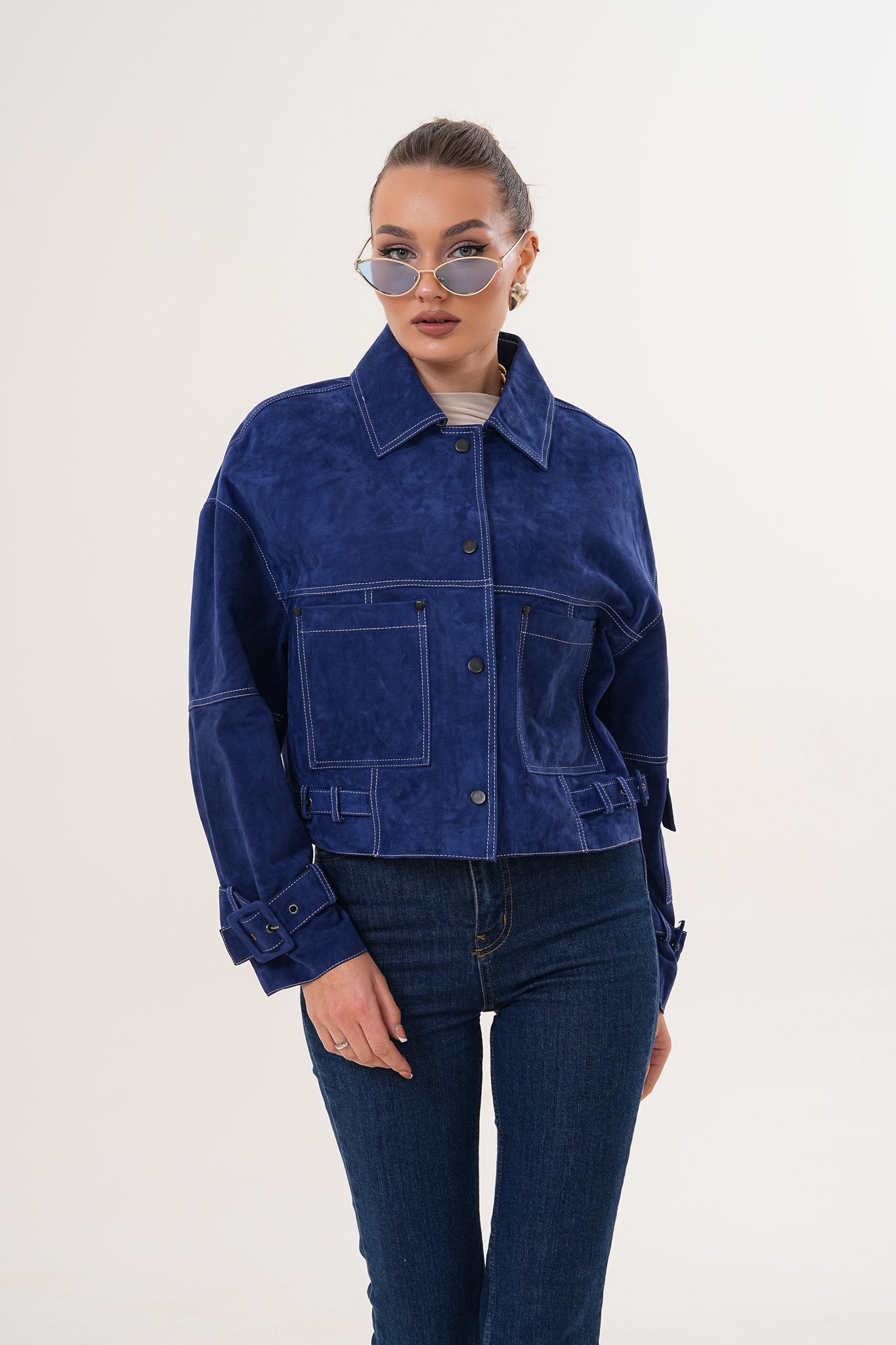 The Velmira Reversible Navy Blue Suede Leather Jacket - Vinci Leather