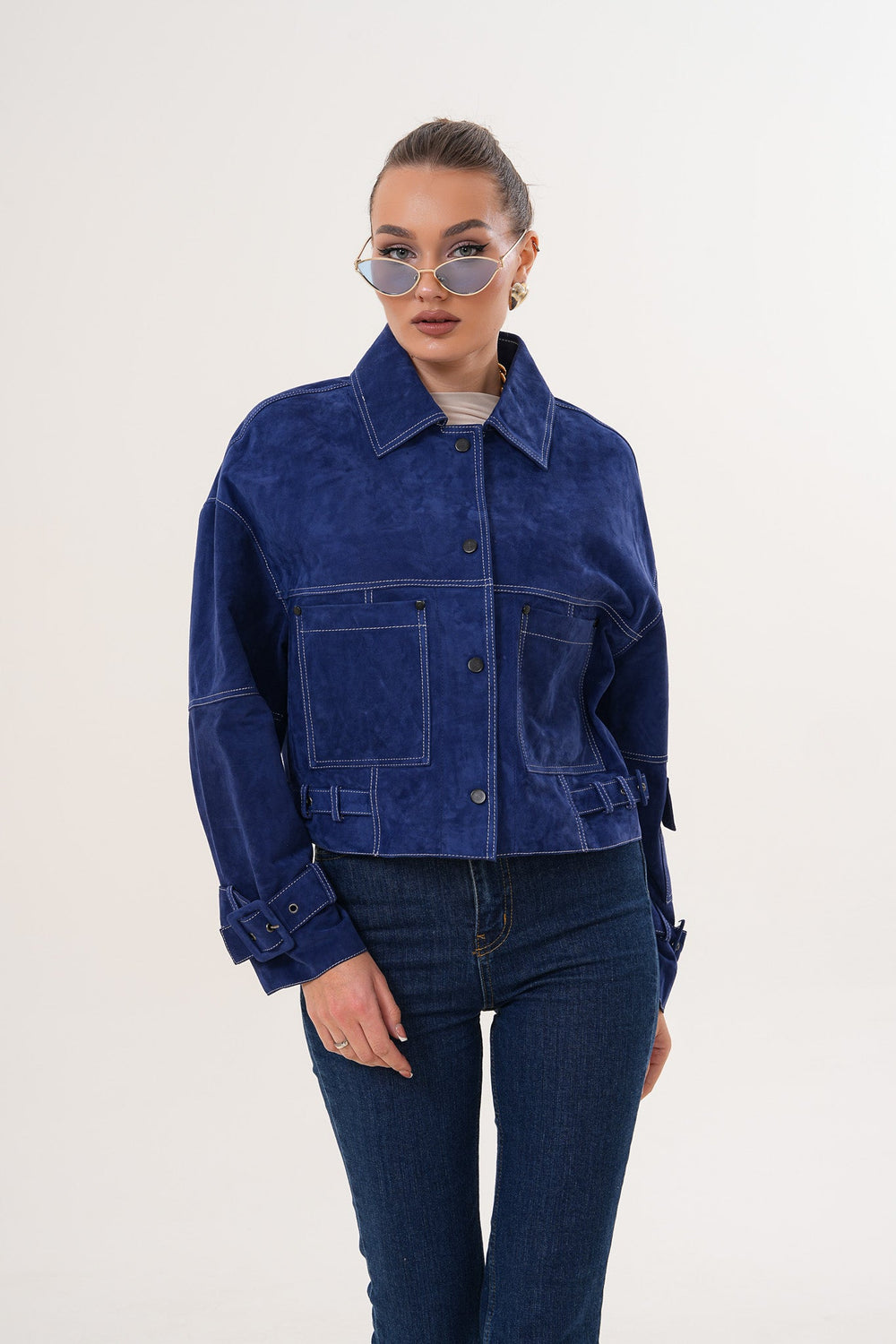 The Velmira Reversible Navy Blue Suede Leather Jacket - Vinci Leather