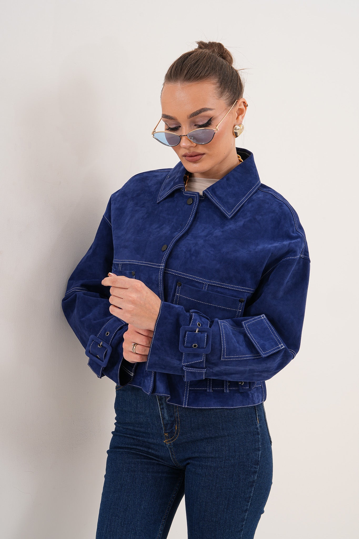 The Velmira Reversible Navy Blue Suede Leather Jacket - Vinci Leather