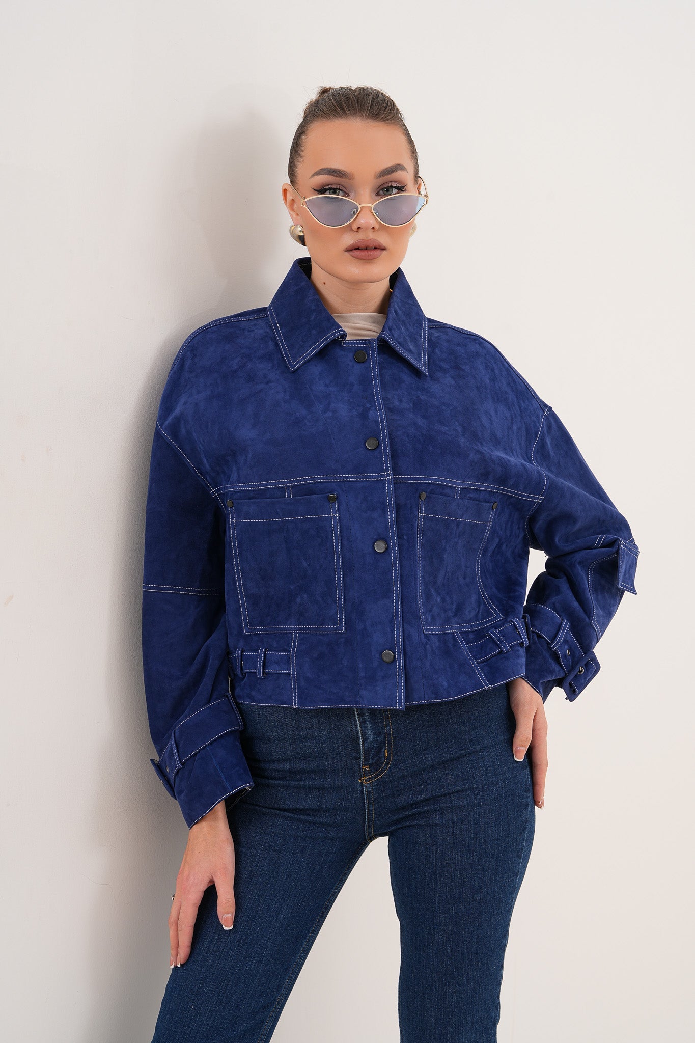 The Velmira Reversible Navy Blue Suede Leather Jacket - Vinci Leather