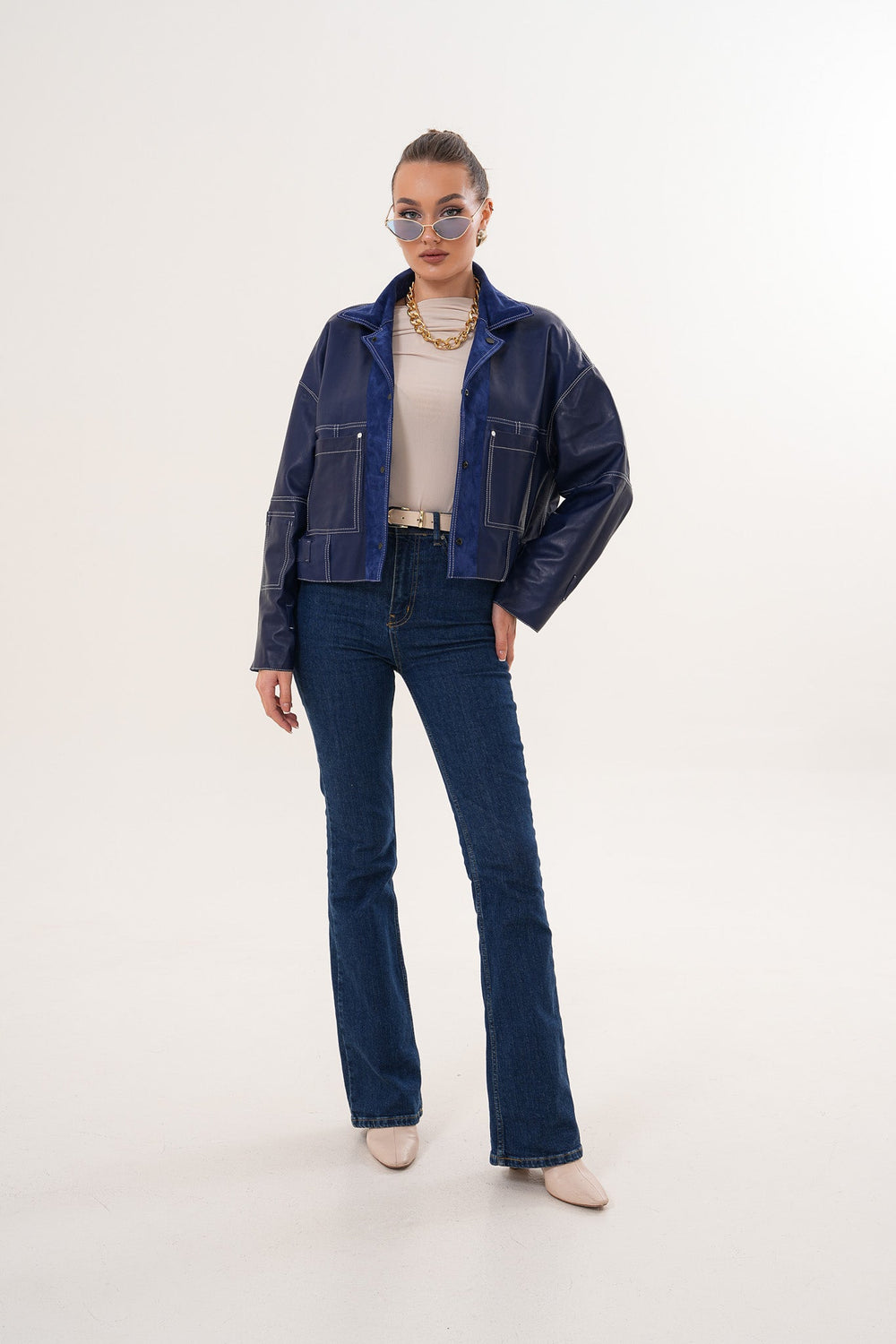 The Velmira Reversible Navy Blue Suede Leather Jacket - Vinci Leather