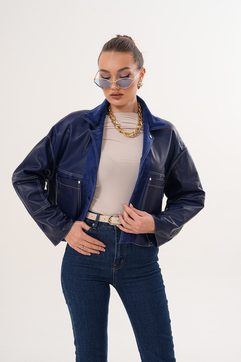 The Velmira Reversible Navy Blue Suede Leather Jacket - Vinci Leather