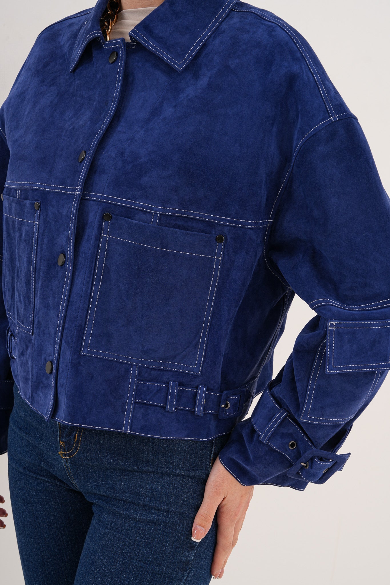 The Velmira Reversible Navy Blue Suede Leather Jacket - Vinci Leather
