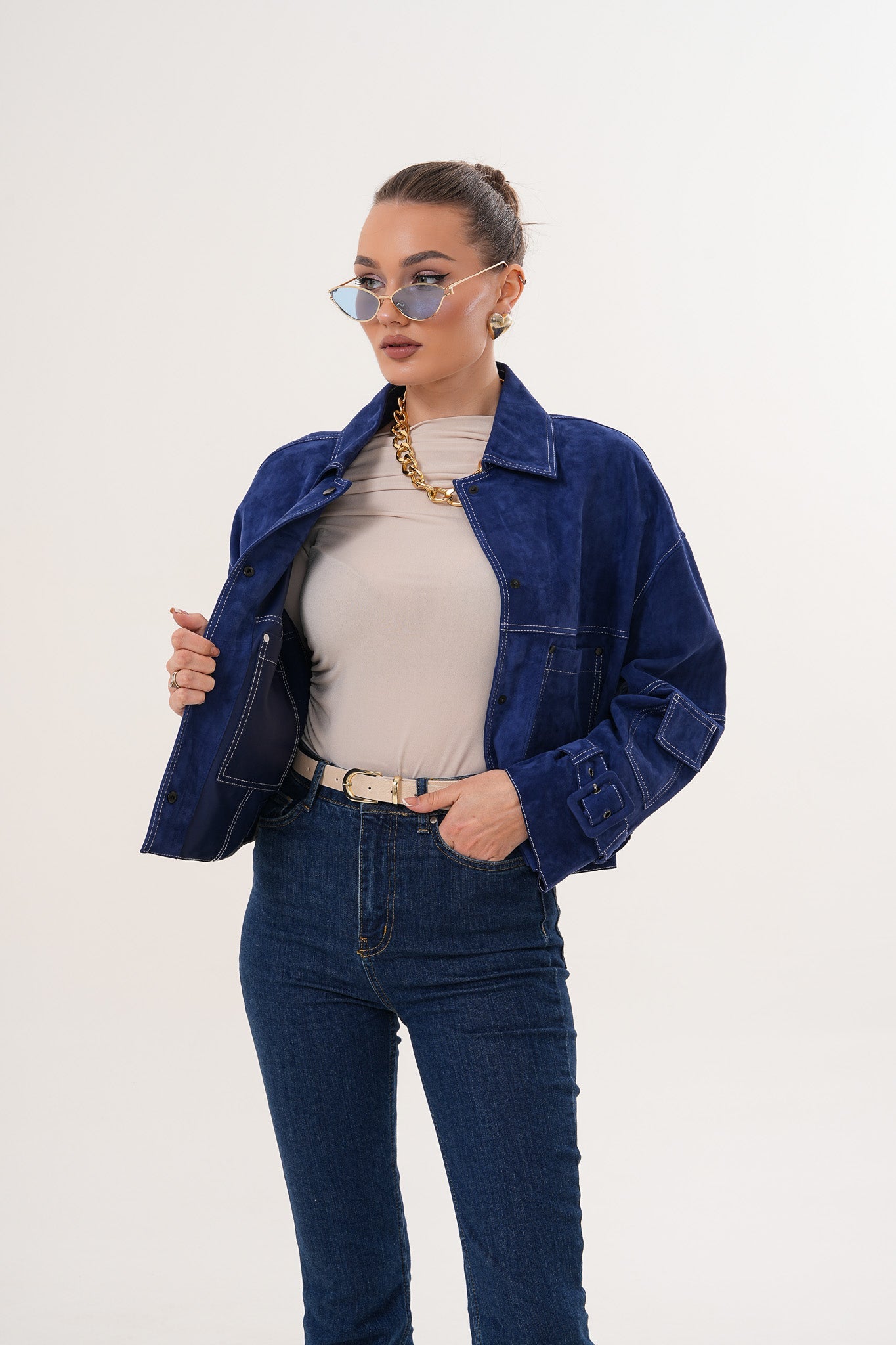 The Velmira Reversible Navy Blue Suede Leather Jacket - Vinci Leather
