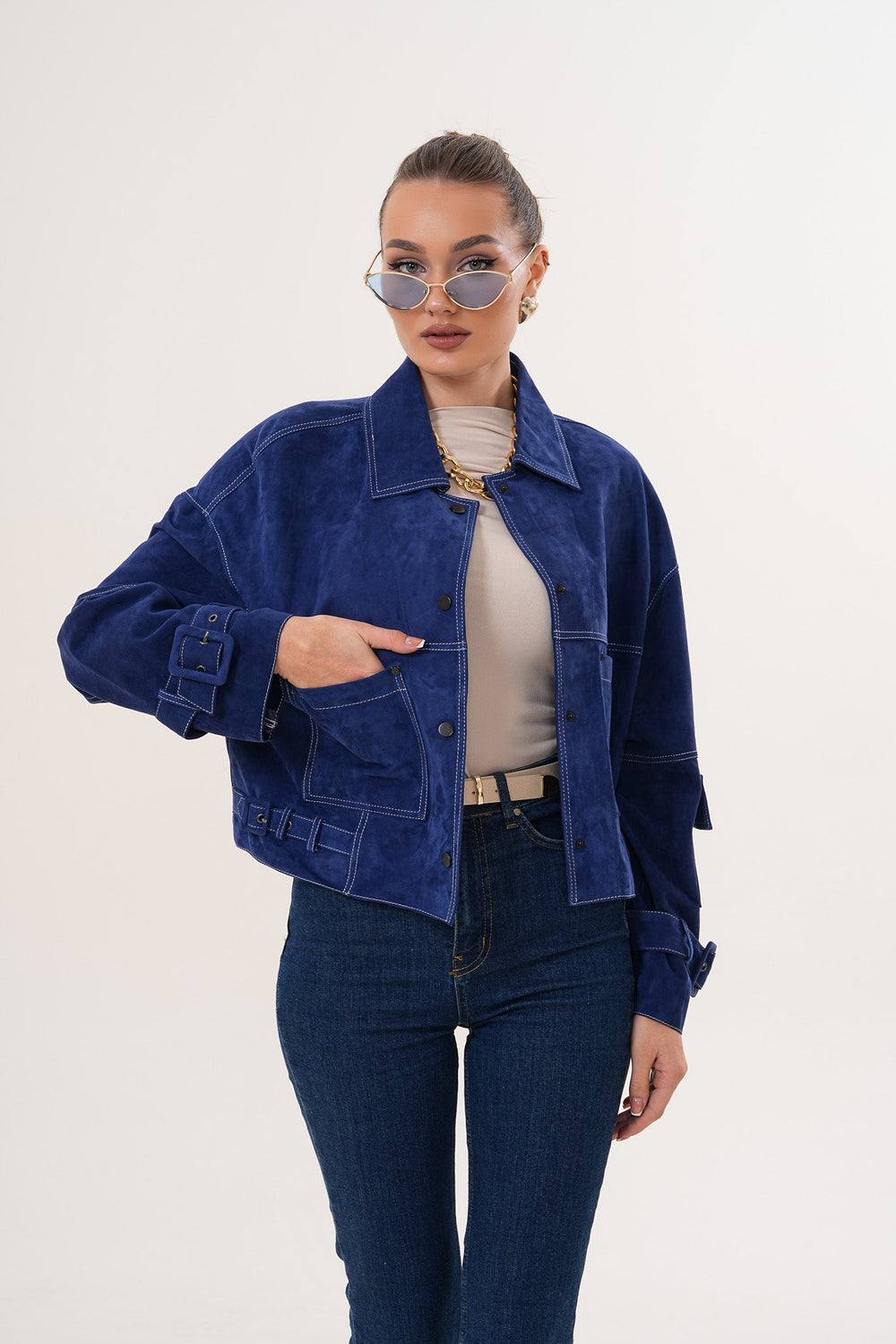 The Velmira Reversible Navy Blue Suede Leather Jacket - Vinci Leather