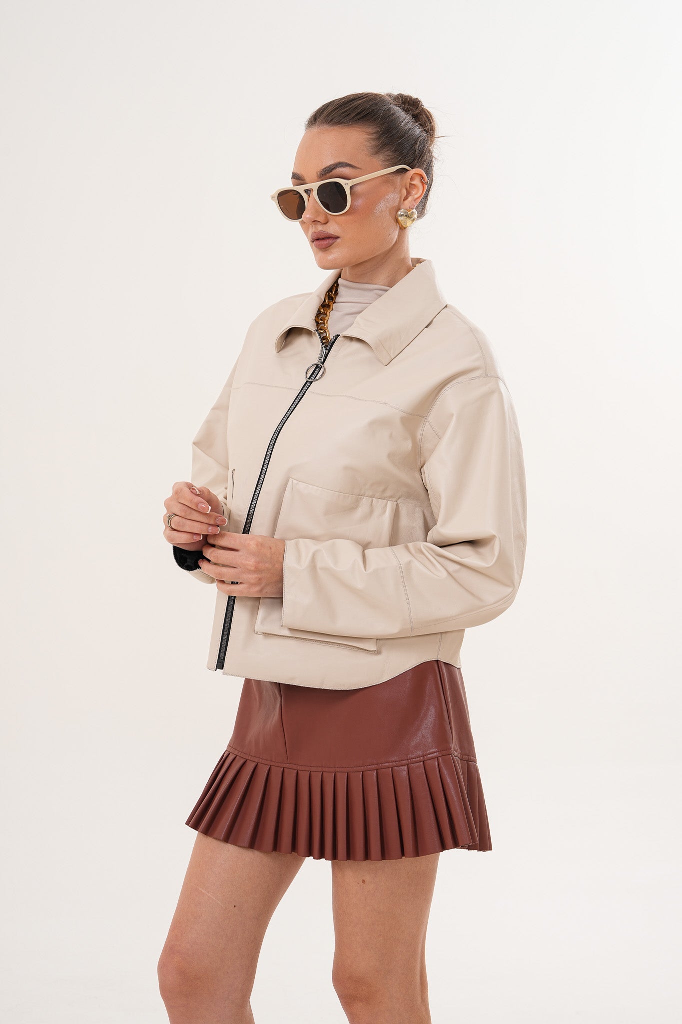 The Elvoria Reversible Beige Leather Jacket - Vinci Leather