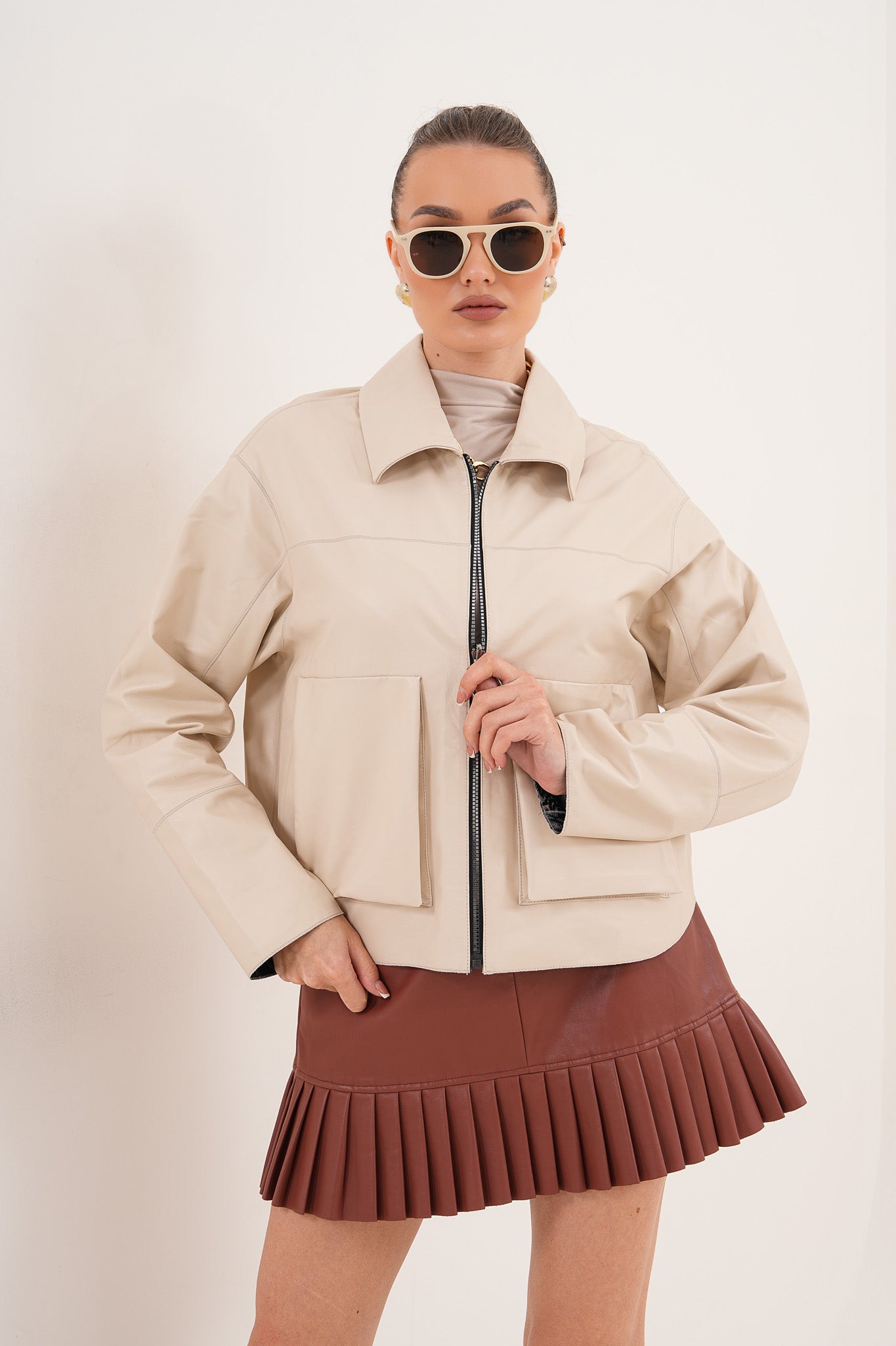 The Elvoria Reversible Beige Leather Jacket - Vinci Leather