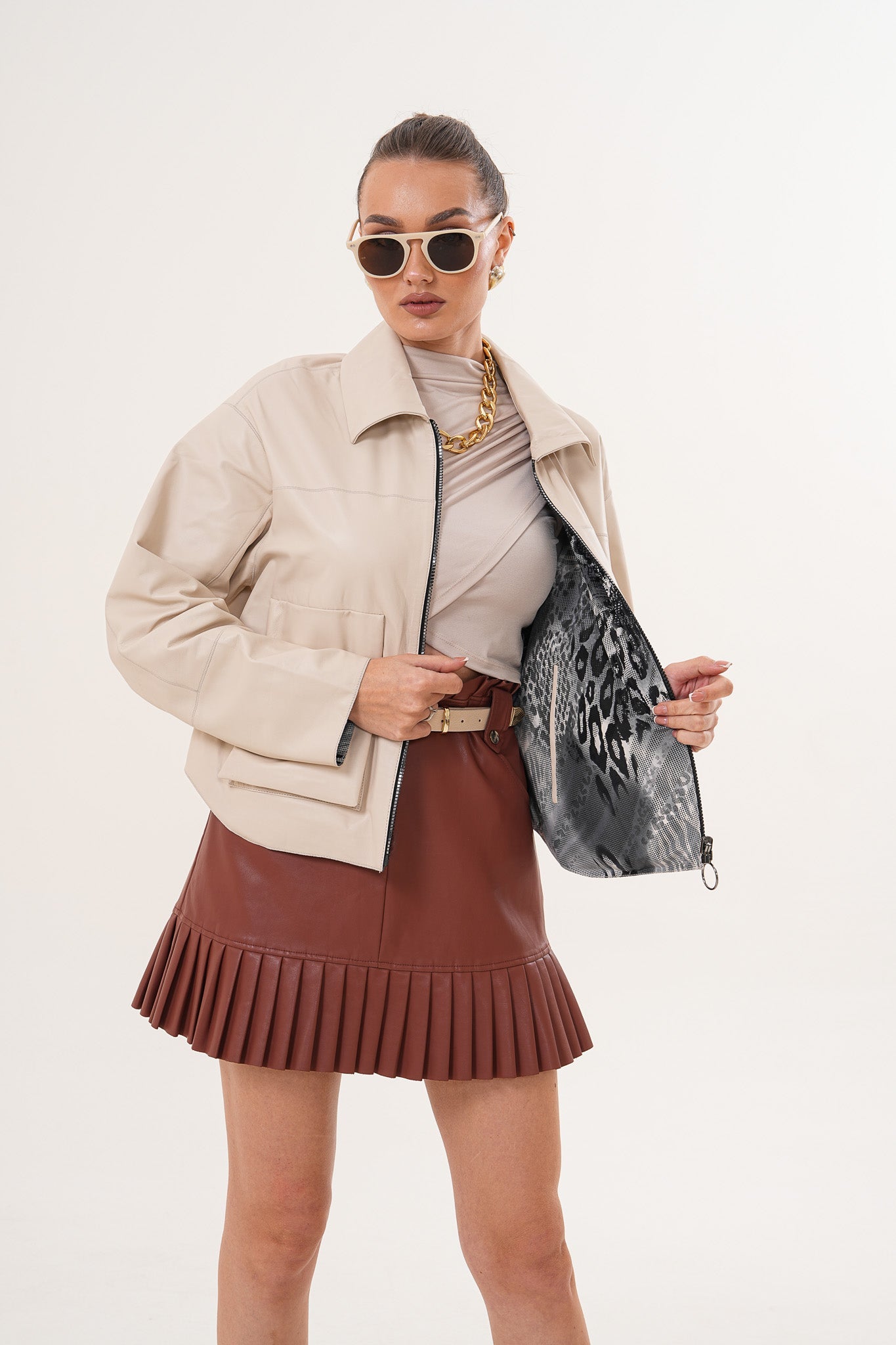 The Elvoria Reversible Beige Leather Jacket - Vinci Leather