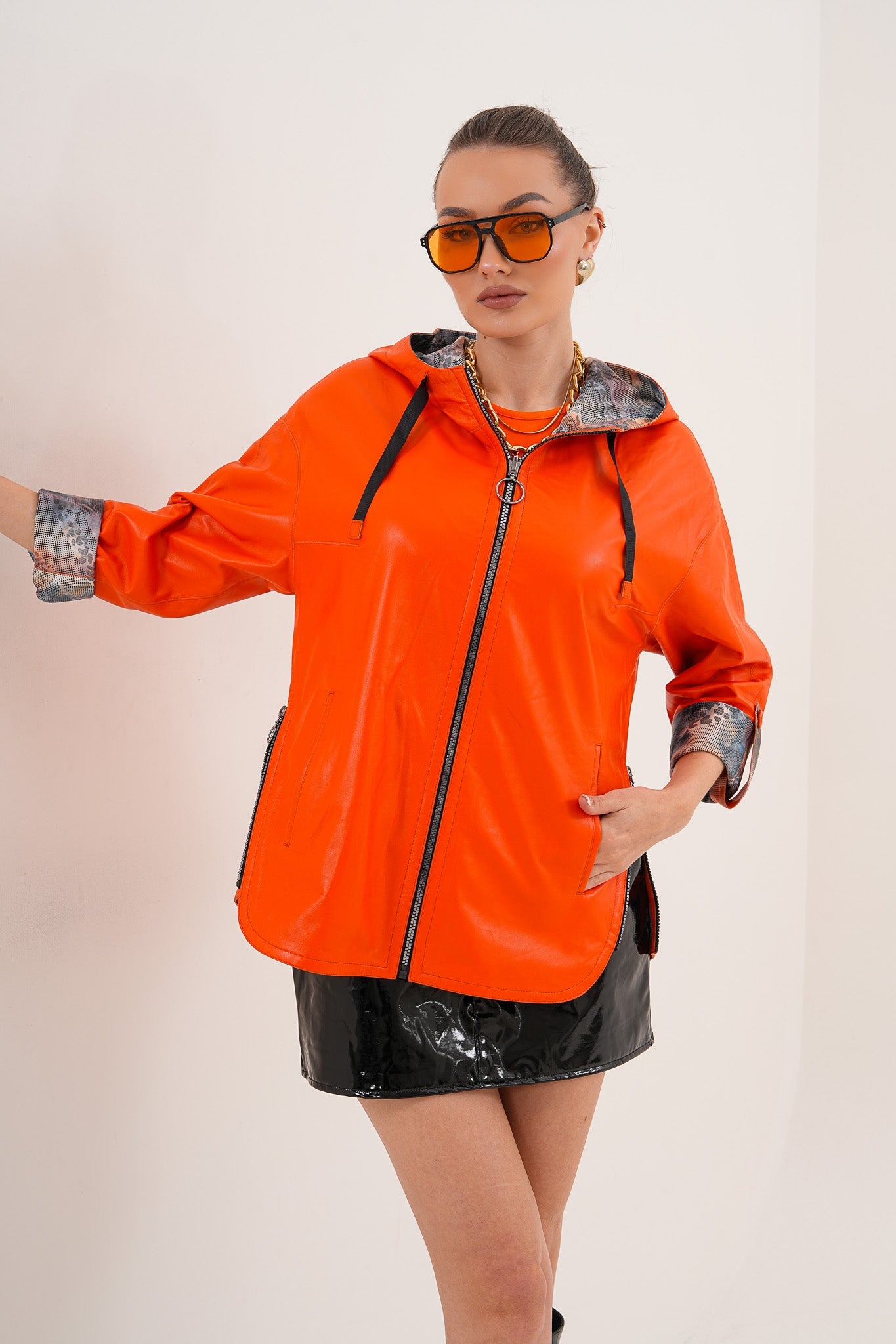 The Nyxara Reversible Hooded Orange Leather Jacket - Vinci Leather