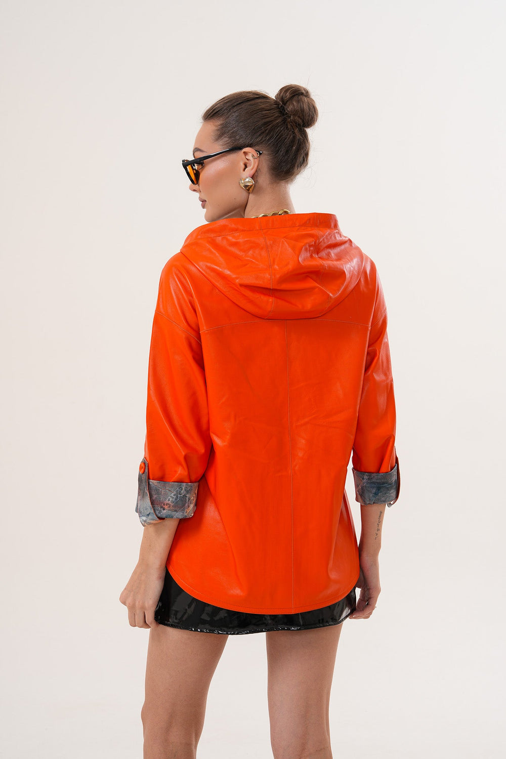 The Nyxara Reversible Hooded Orange Leather Jacket - Vinci Leather