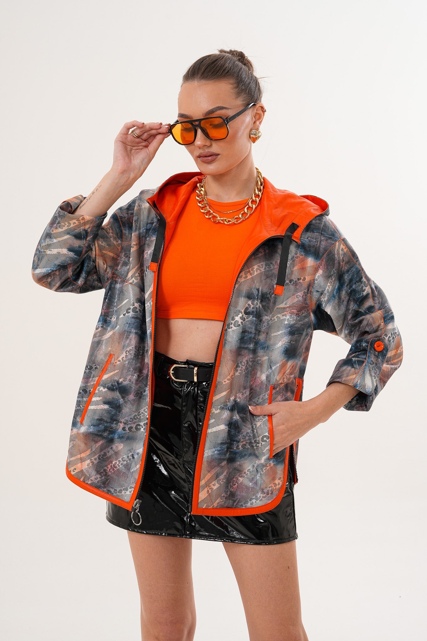 The Nyxara Reversible Hooded Orange Leather Jacket - Vinci Leather