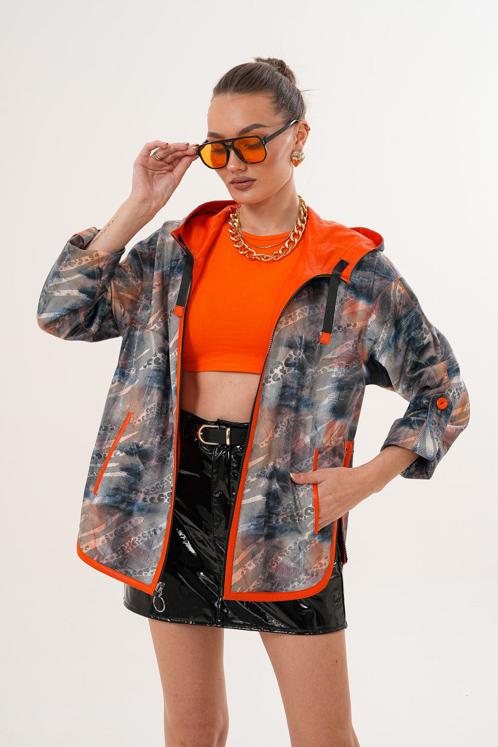 The Nyxara Reversible Hooded Orange Leather Jacket - Vinci Leather