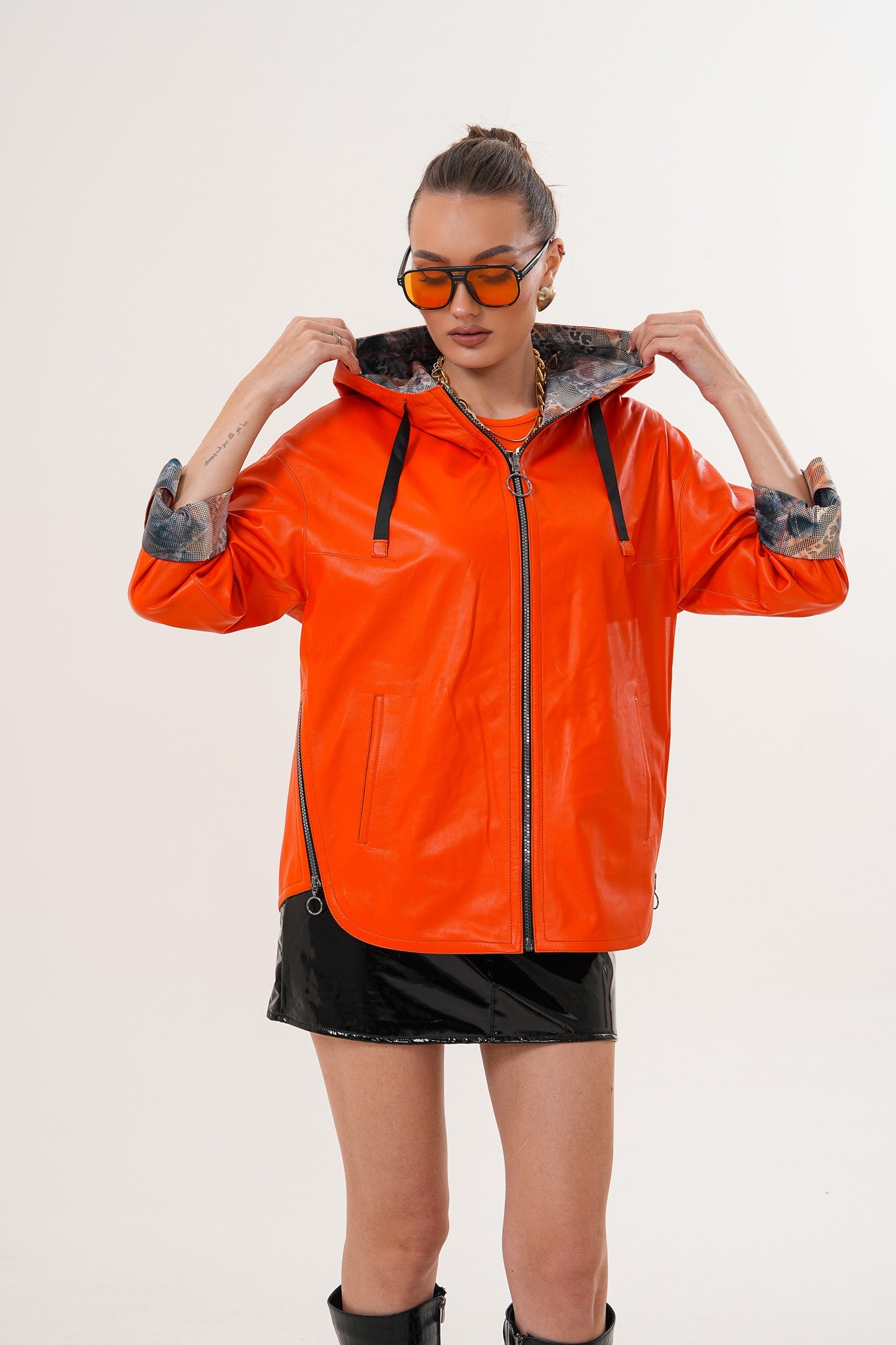 The Nyxara Reversible Hooded Orange Leather Jacket - Vinci Leather