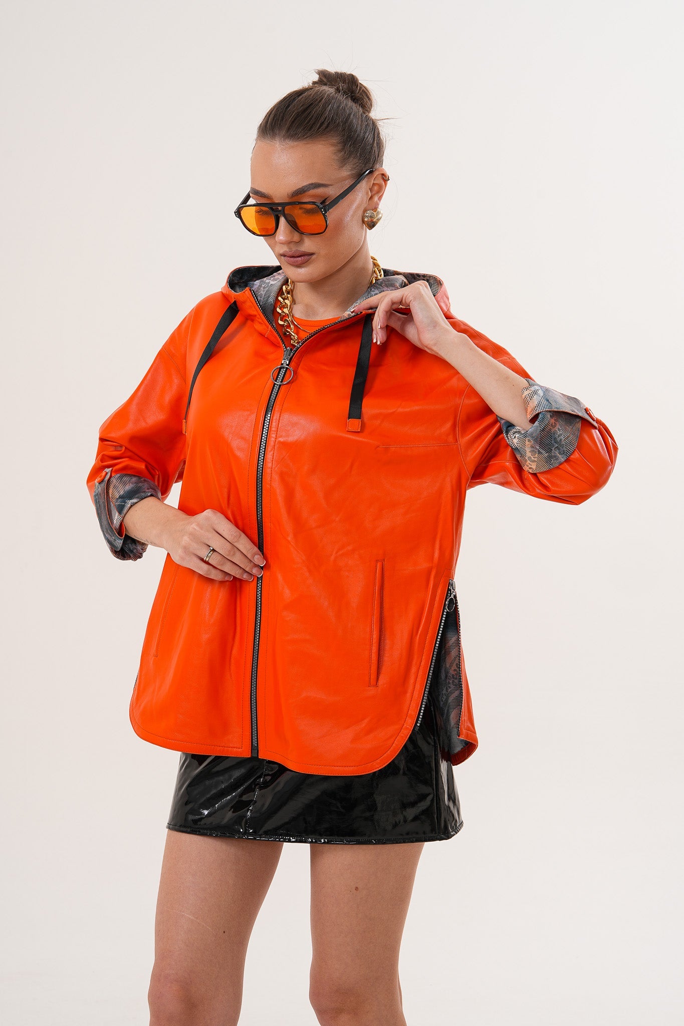 The Nyxara Reversible Hooded Orange Leather Jacket - Vinci Leather
