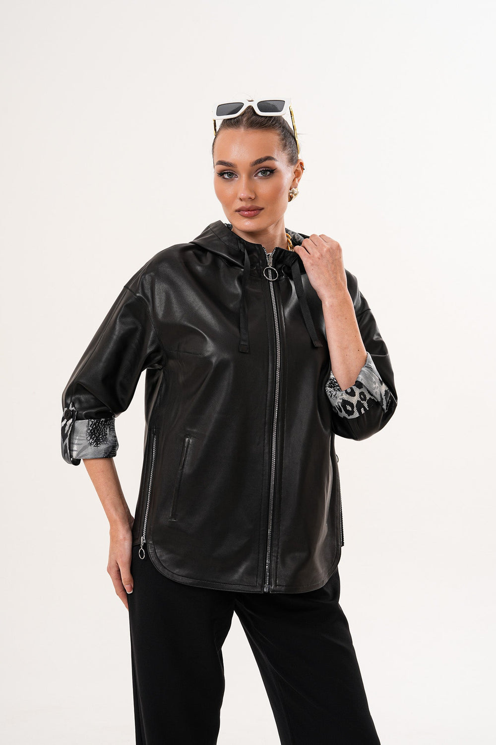 The Nyxara Reversible Hooded Black Leather Jacket - Vinci Leather