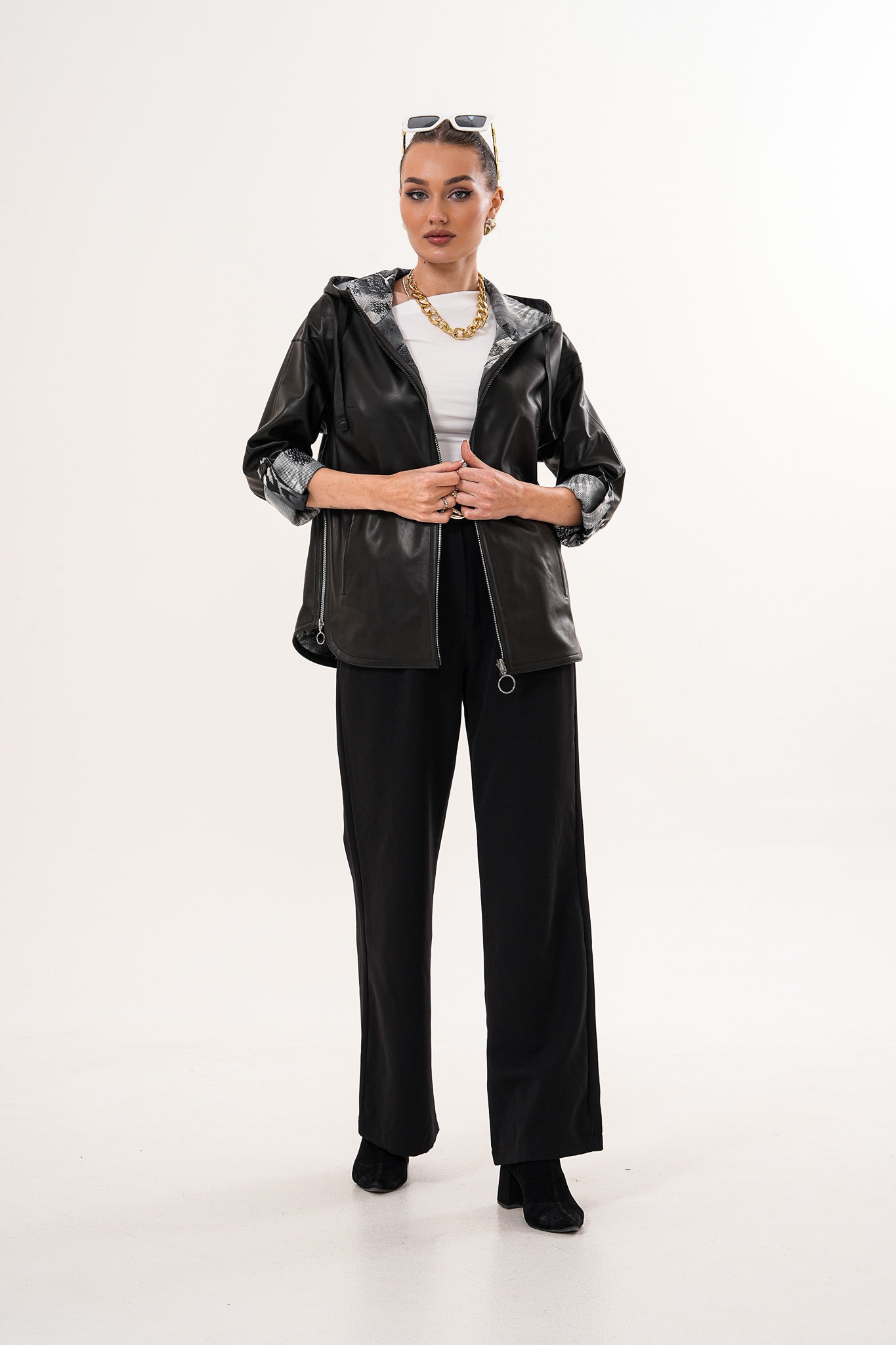 The Nyxara Reversible Hooded Black Leather Jacket - Vinci Leather