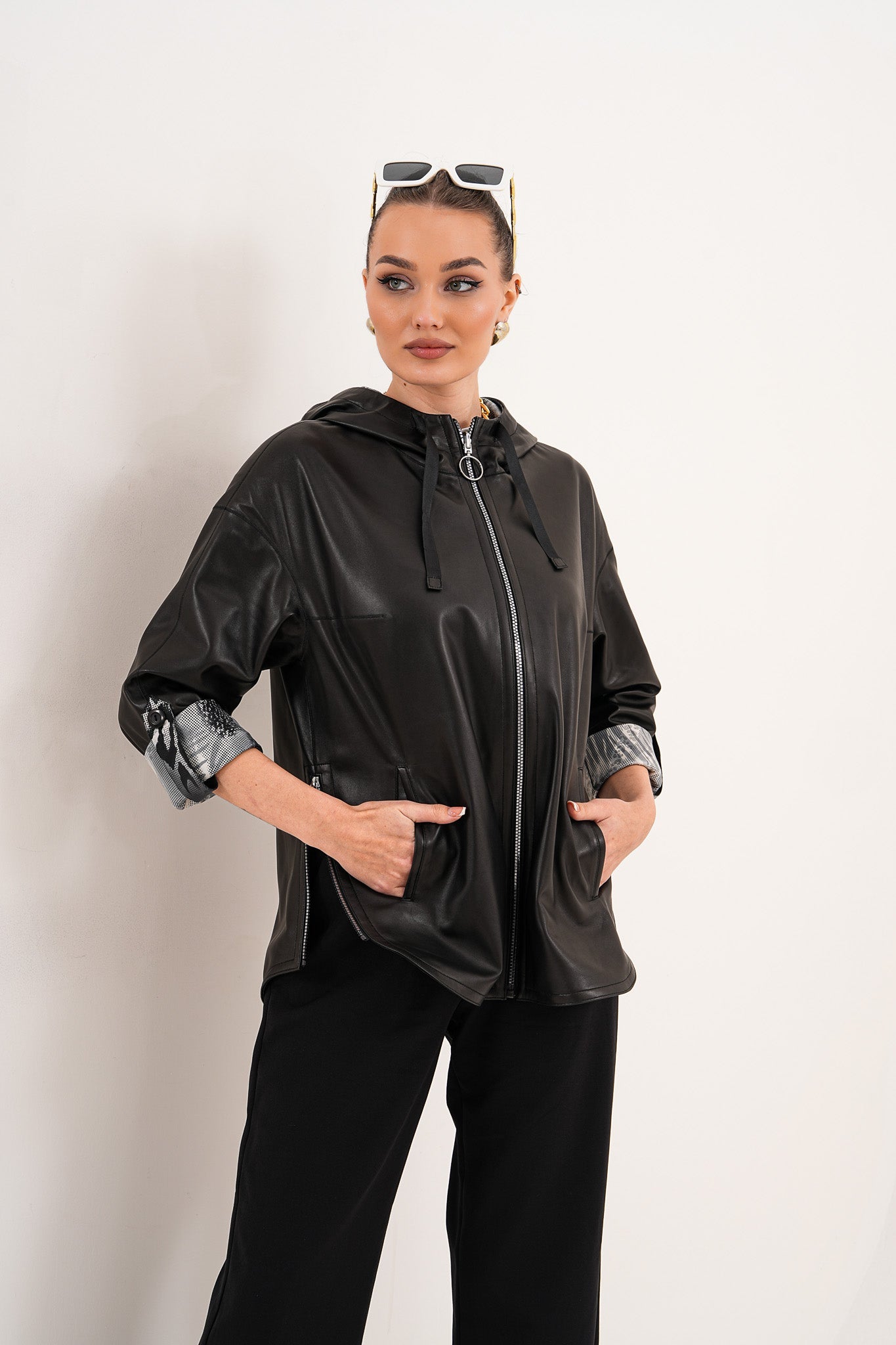 The Nyxara Reversible Hooded Black Leather Jacket - Vinci Leather