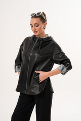 The Nyxara Reversible Hooded Black Leather Jacket - Vinci Leather