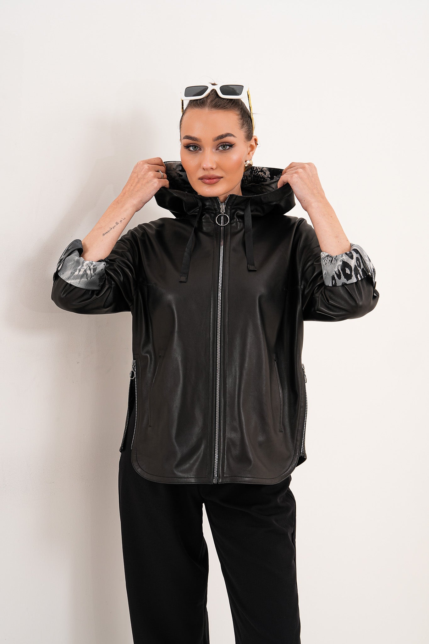 The Nyxara Reversible Hooded Black Leather Jacket - Vinci Leather