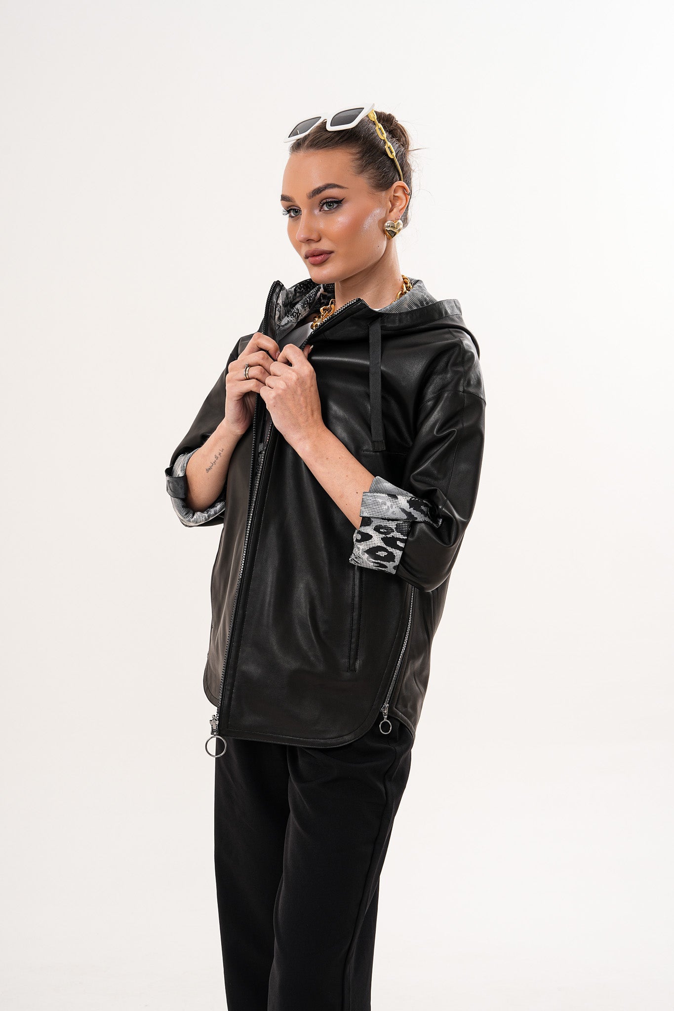 The Nyxara Reversible Hooded Black Leather Jacket - Vinci Leather