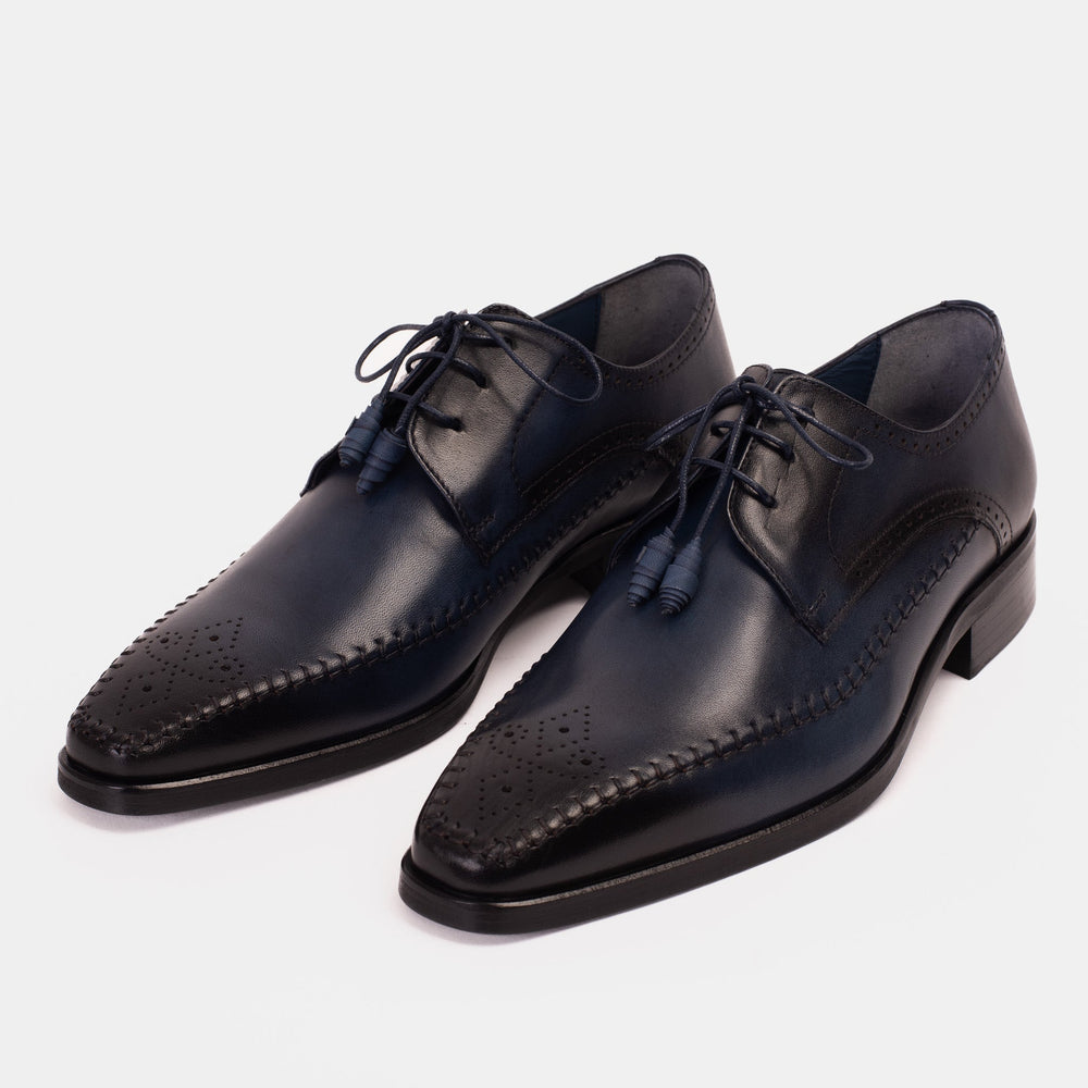 The Moon Navy Blue Leather Derby  Shoe - Vinci Leather