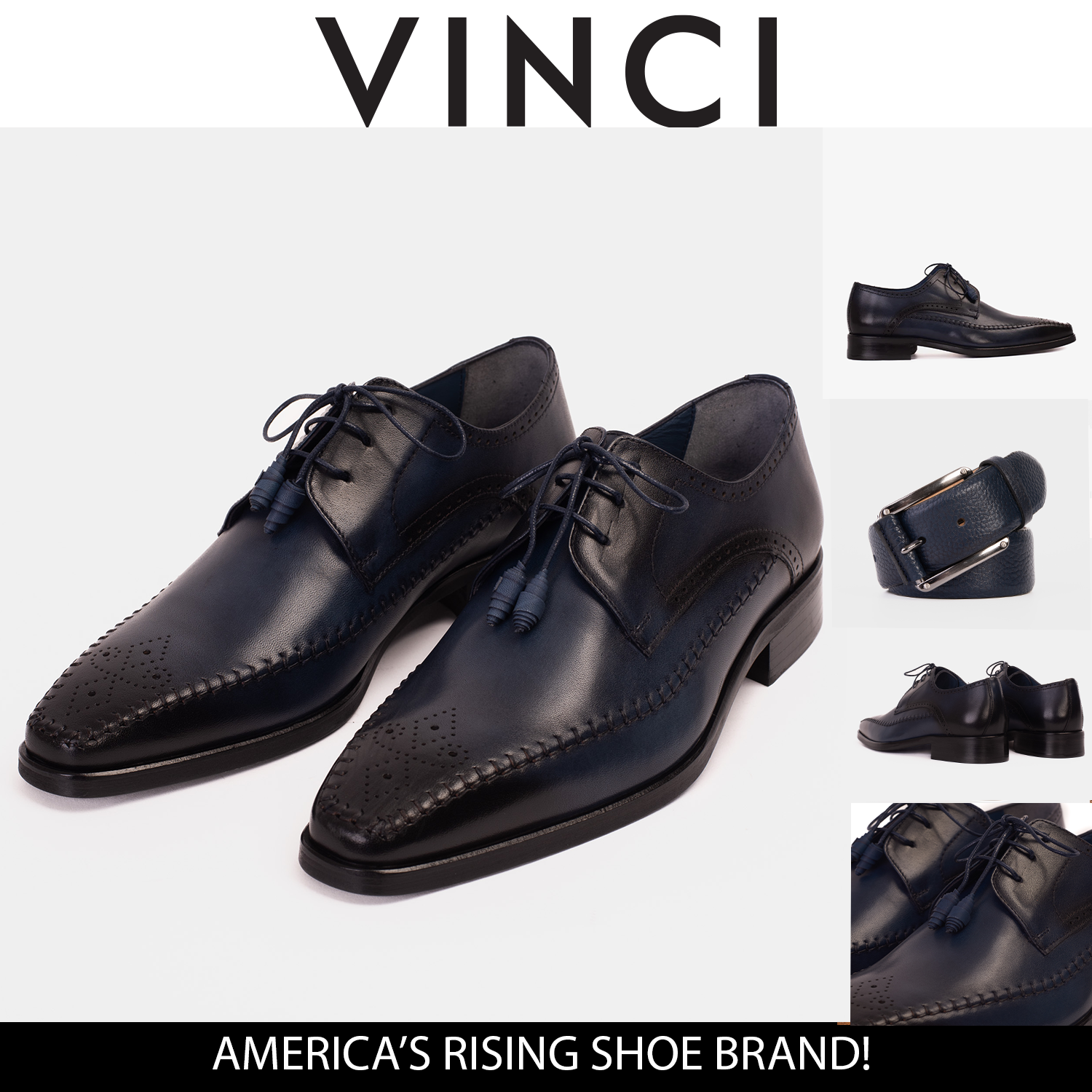 The Moon Navy Blue Leather Derby  Shoe - Vinci Leather