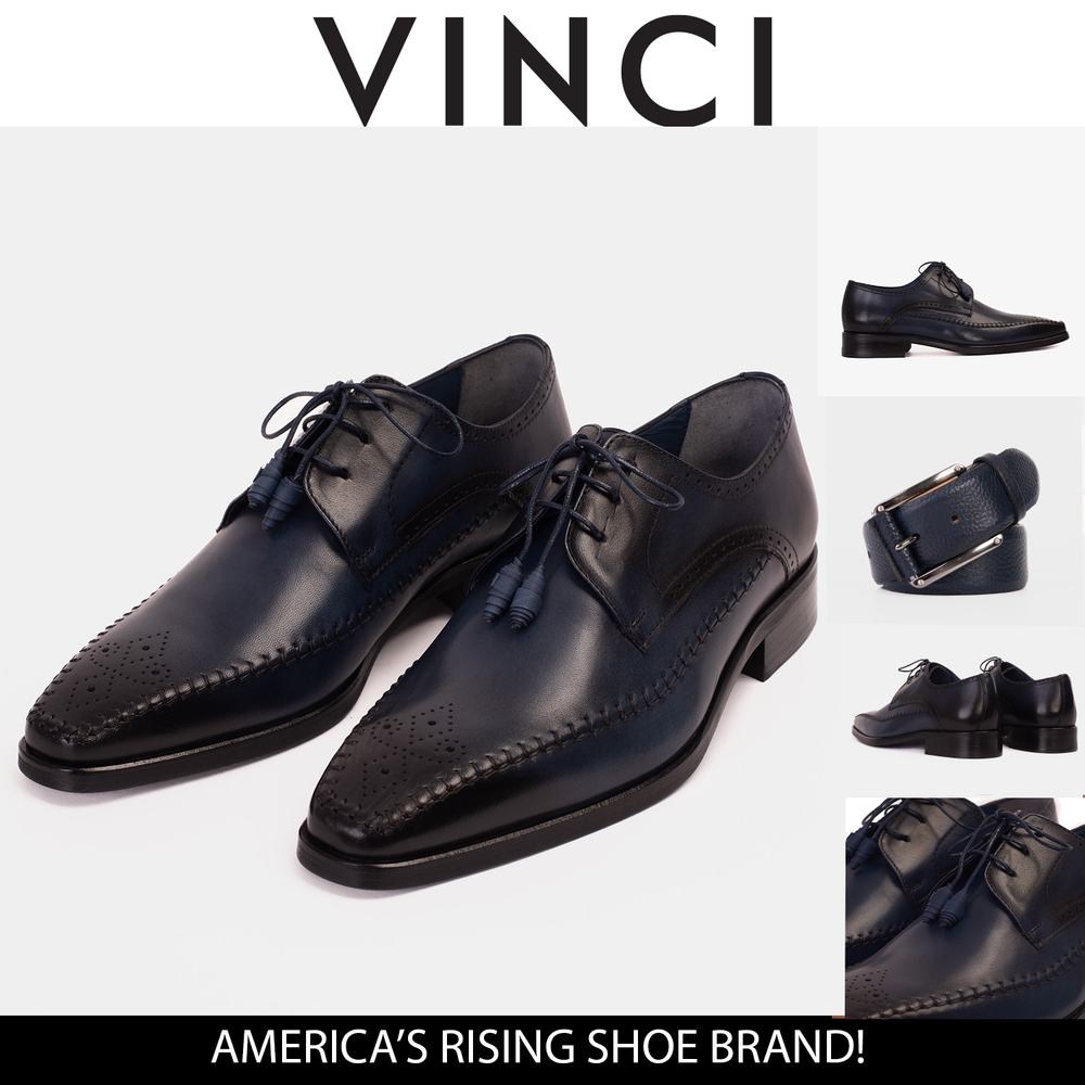 The Moon Navy Blue Leather Derby  Shoe - Vinci Leather