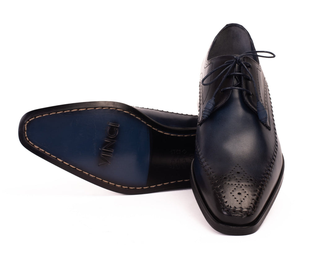 The Moon Navy Blue Leather Derby  Shoe - Vinci Leather