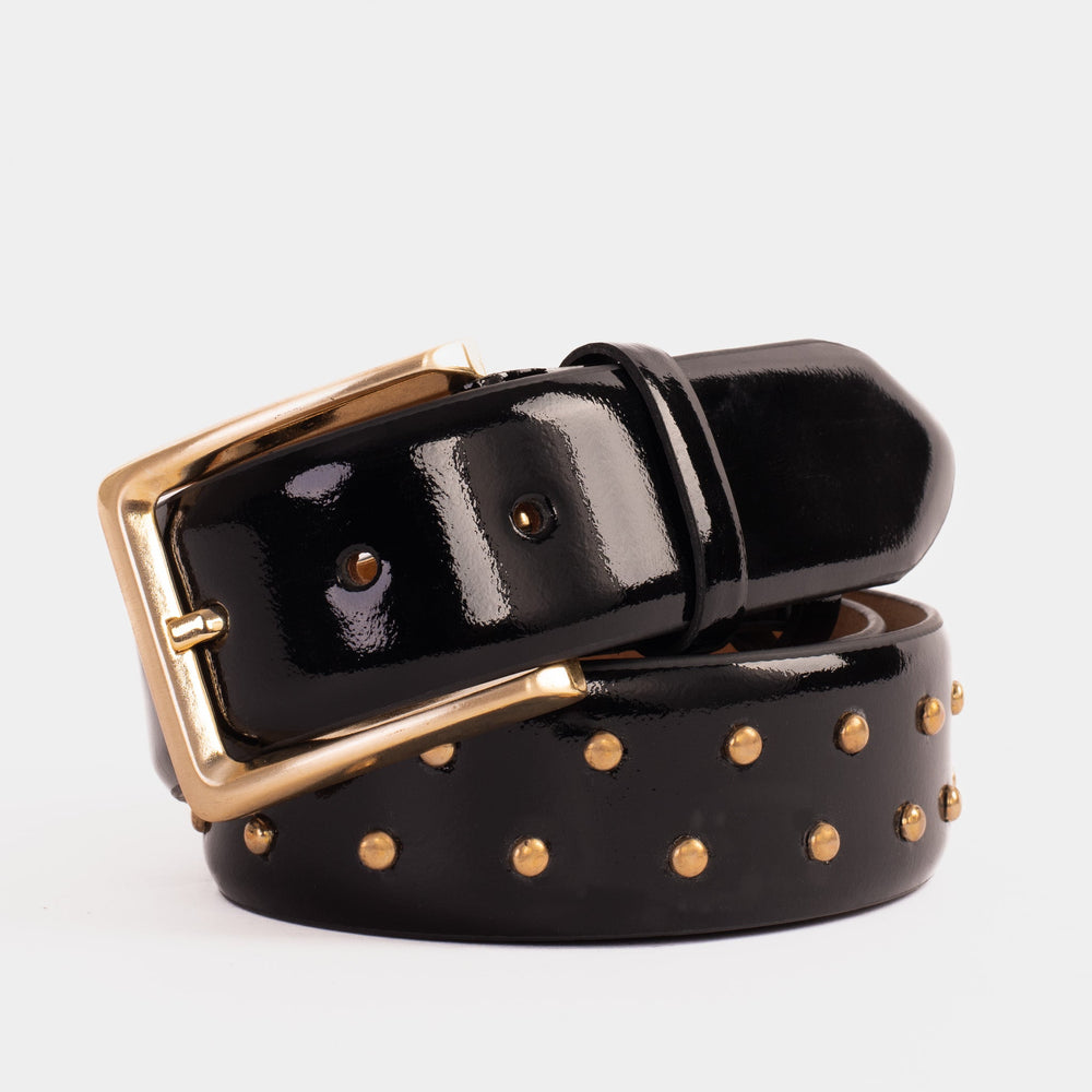 The Jupiter Black Patent Spike Leather Belt - Vinci Leather