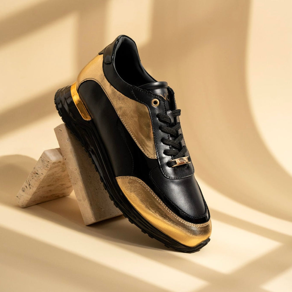 The Arda Black Gold Leather Sneaker - Vinci Leather