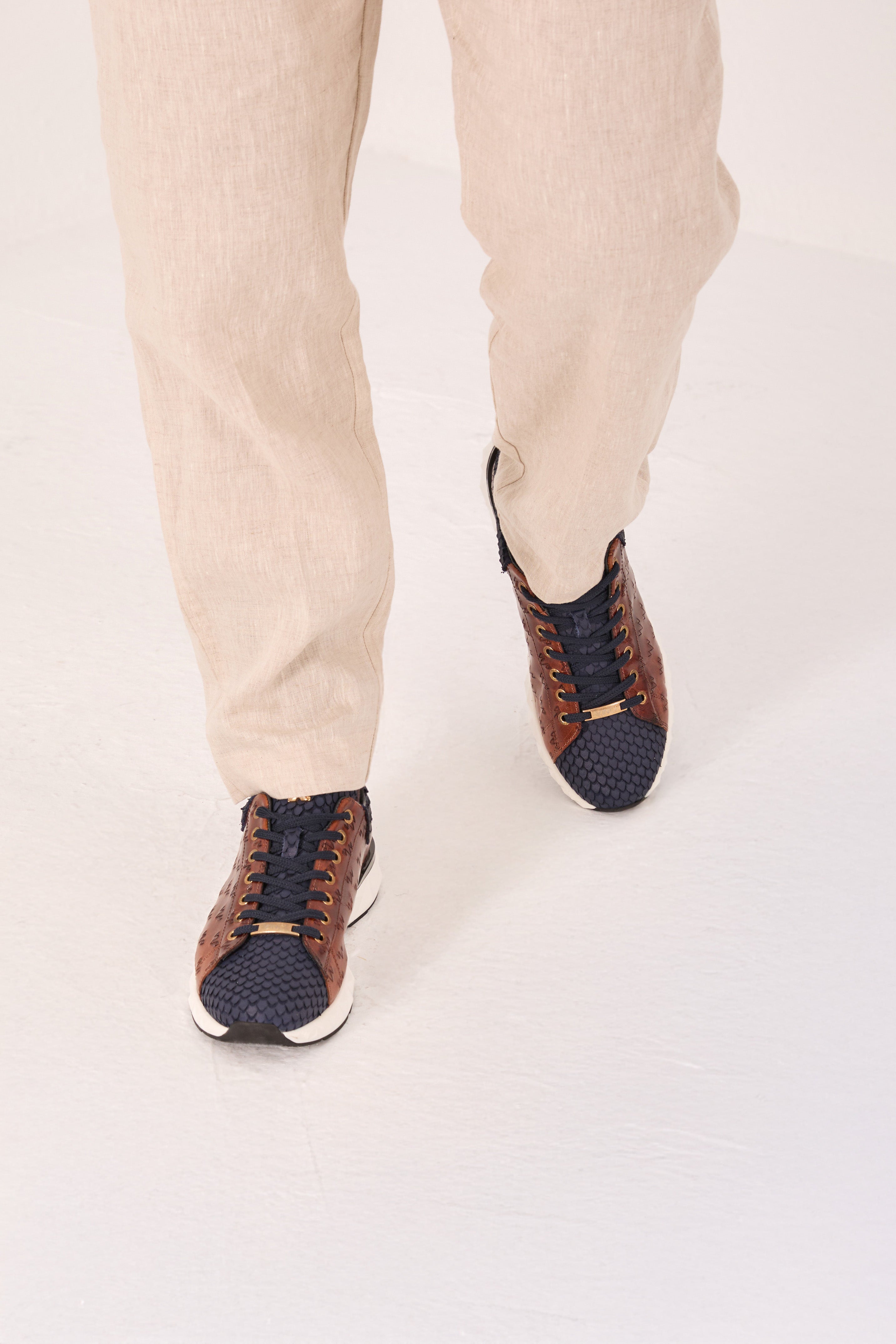 The Caesars Navy Tan Leather Sneaker - Vinci Leather