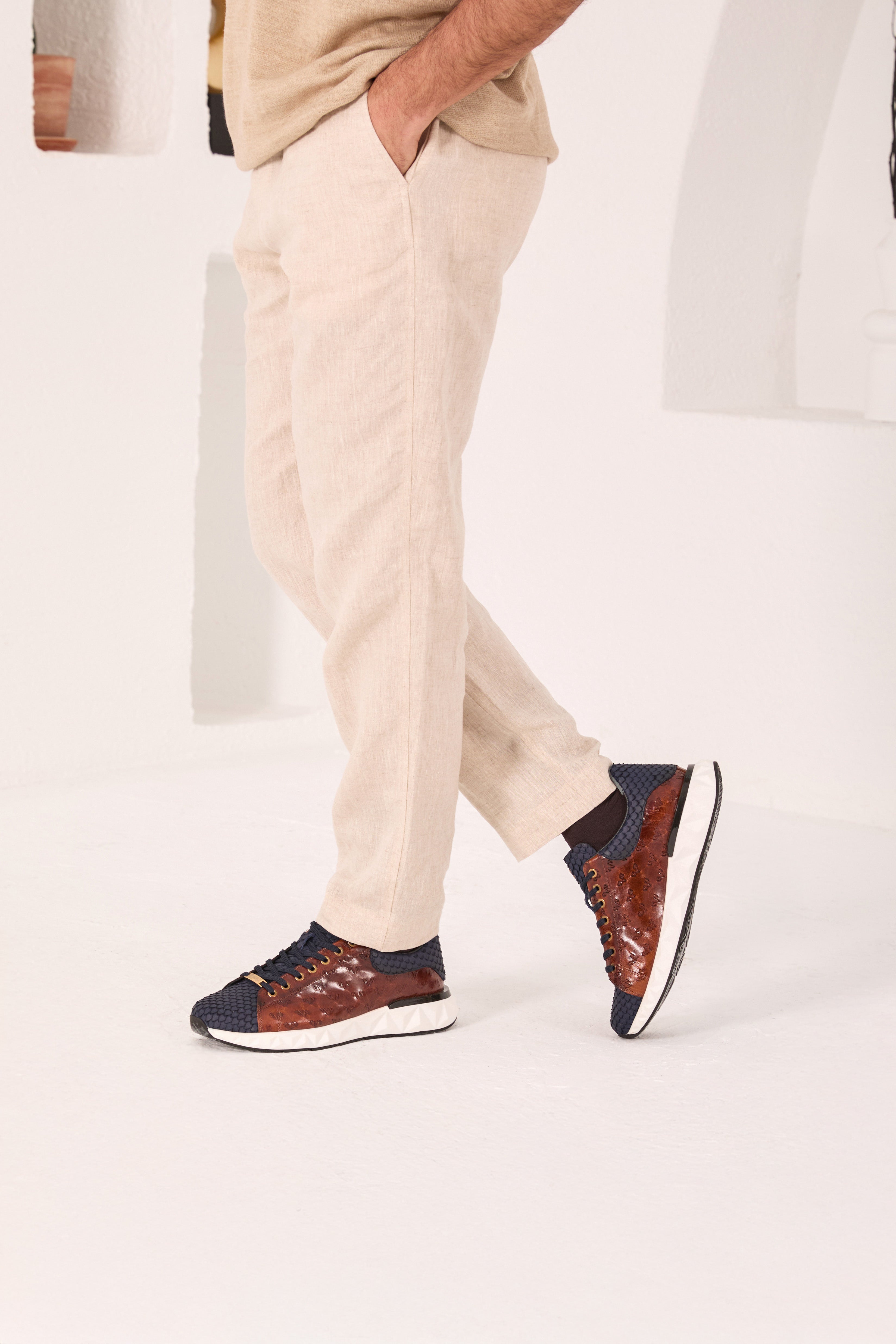 The Caesars Navy Tan Leather Sneaker - Vinci Leather