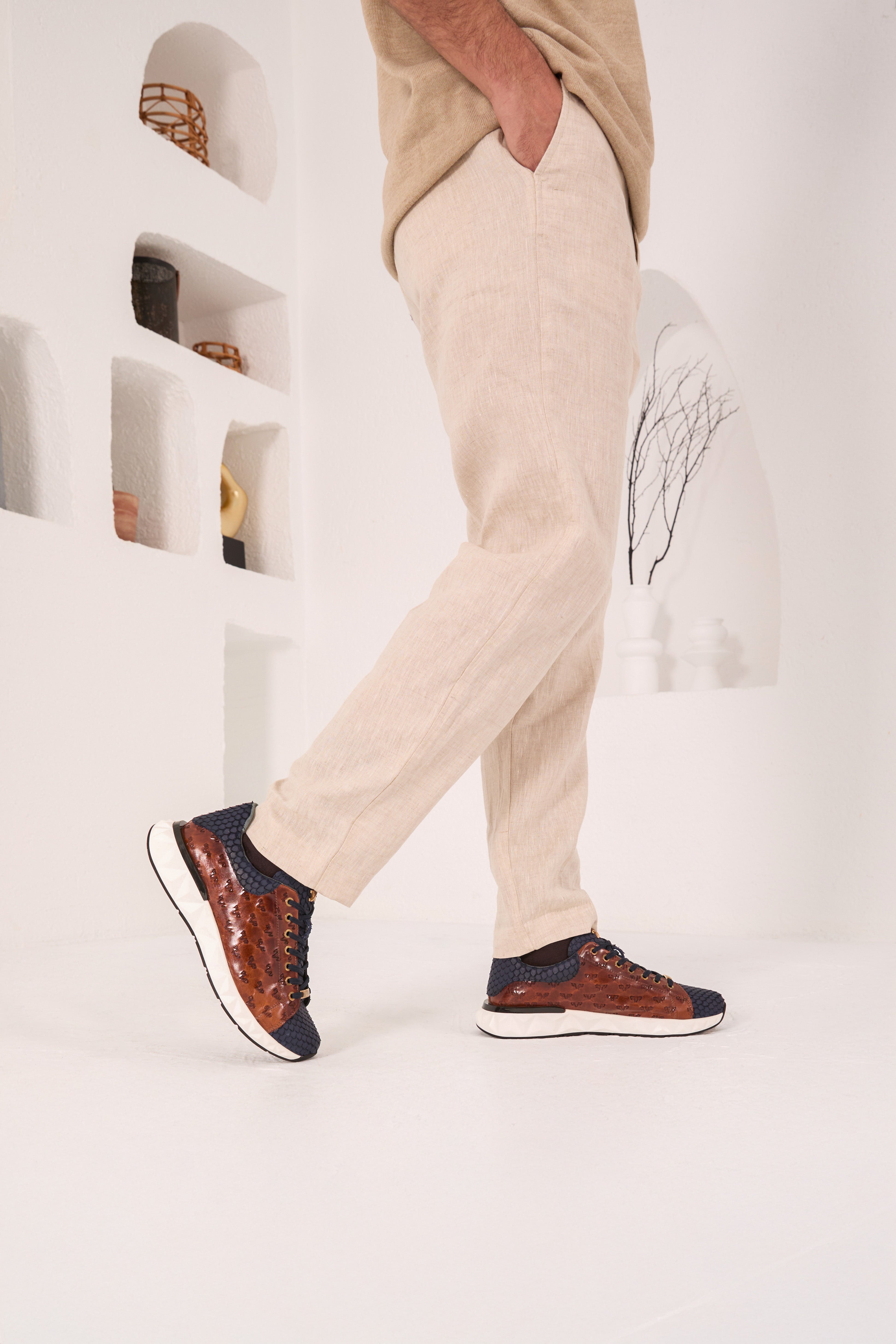 The Caesars Navy Tan Leather Sneaker - Vinci Leather