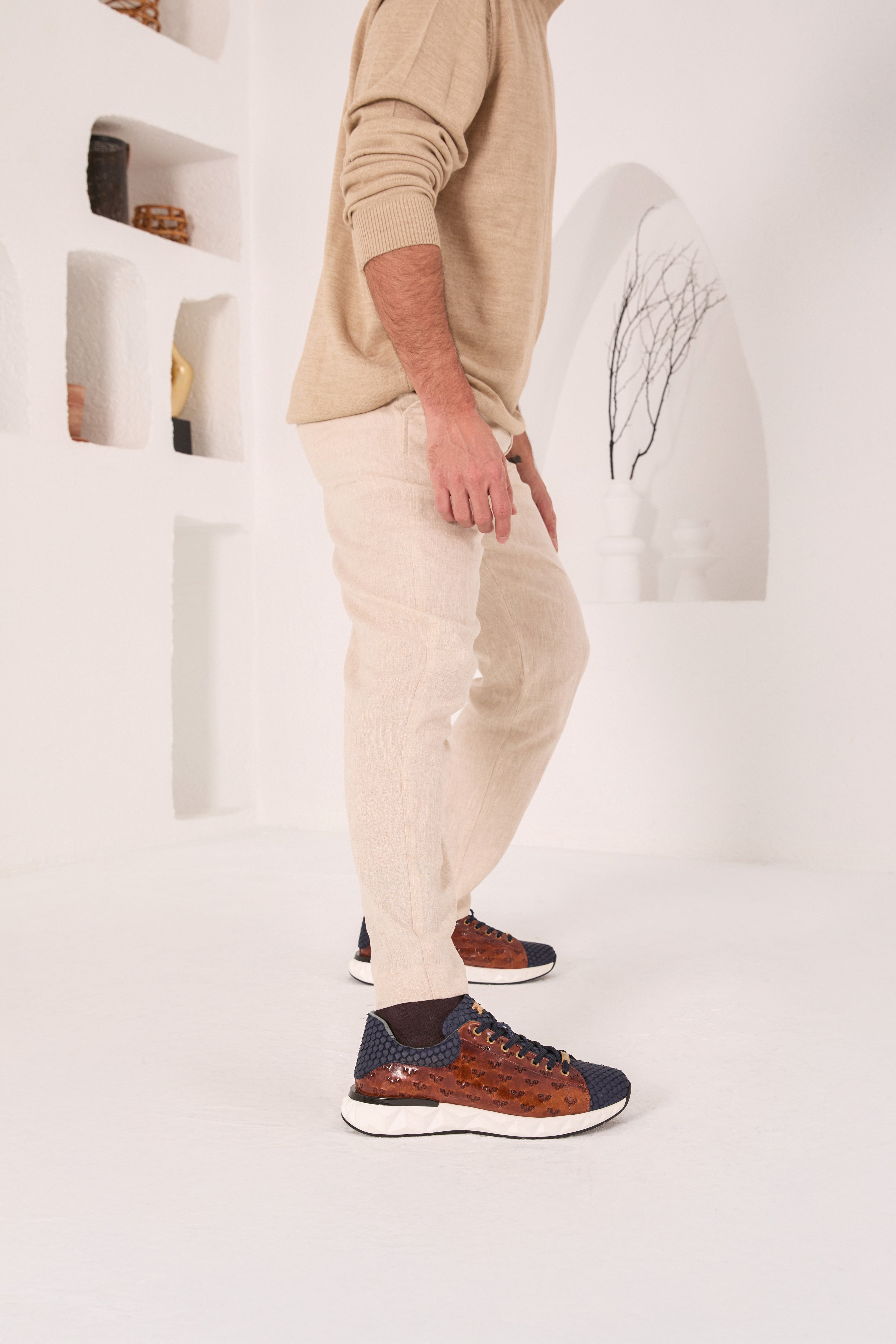 The Caesars Navy Tan Leather Sneaker - Vinci Leather