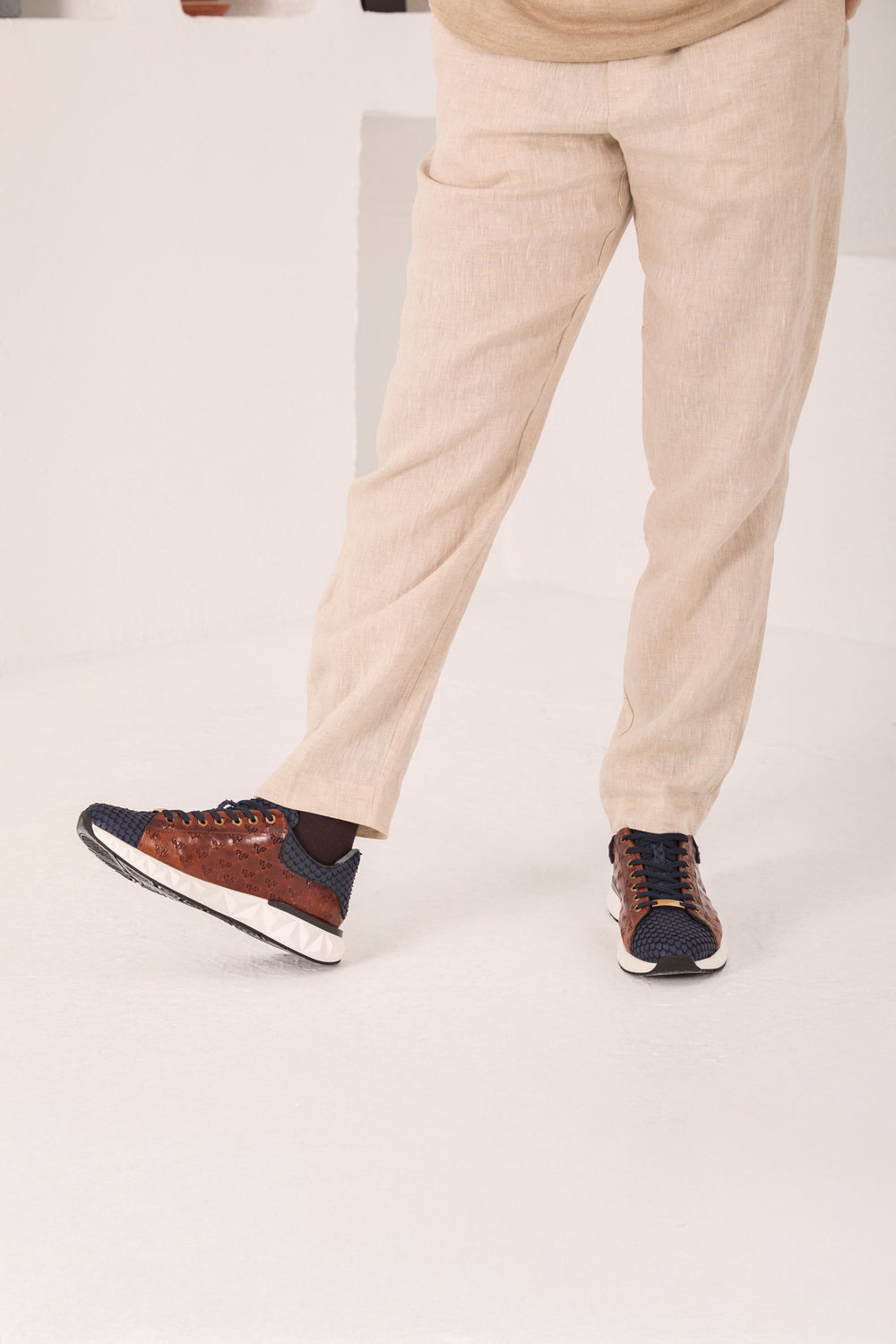 The Caesars Navy Tan Leather Sneaker - Vinci Leather