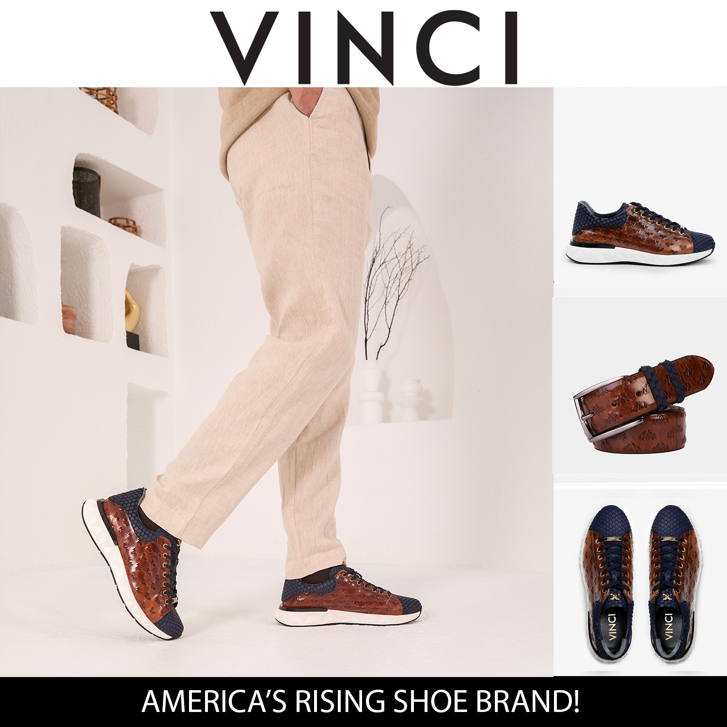 The Caesars Navy Tan Leather Sneaker - Vinci Leather