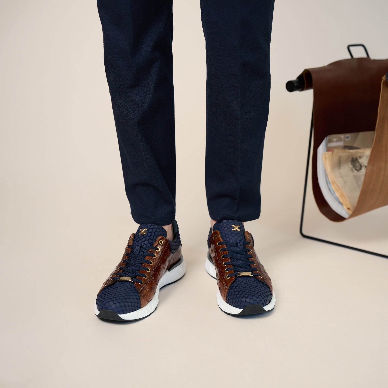 The Caesars Navy Tan Leather Sneaker - Vinci Leather