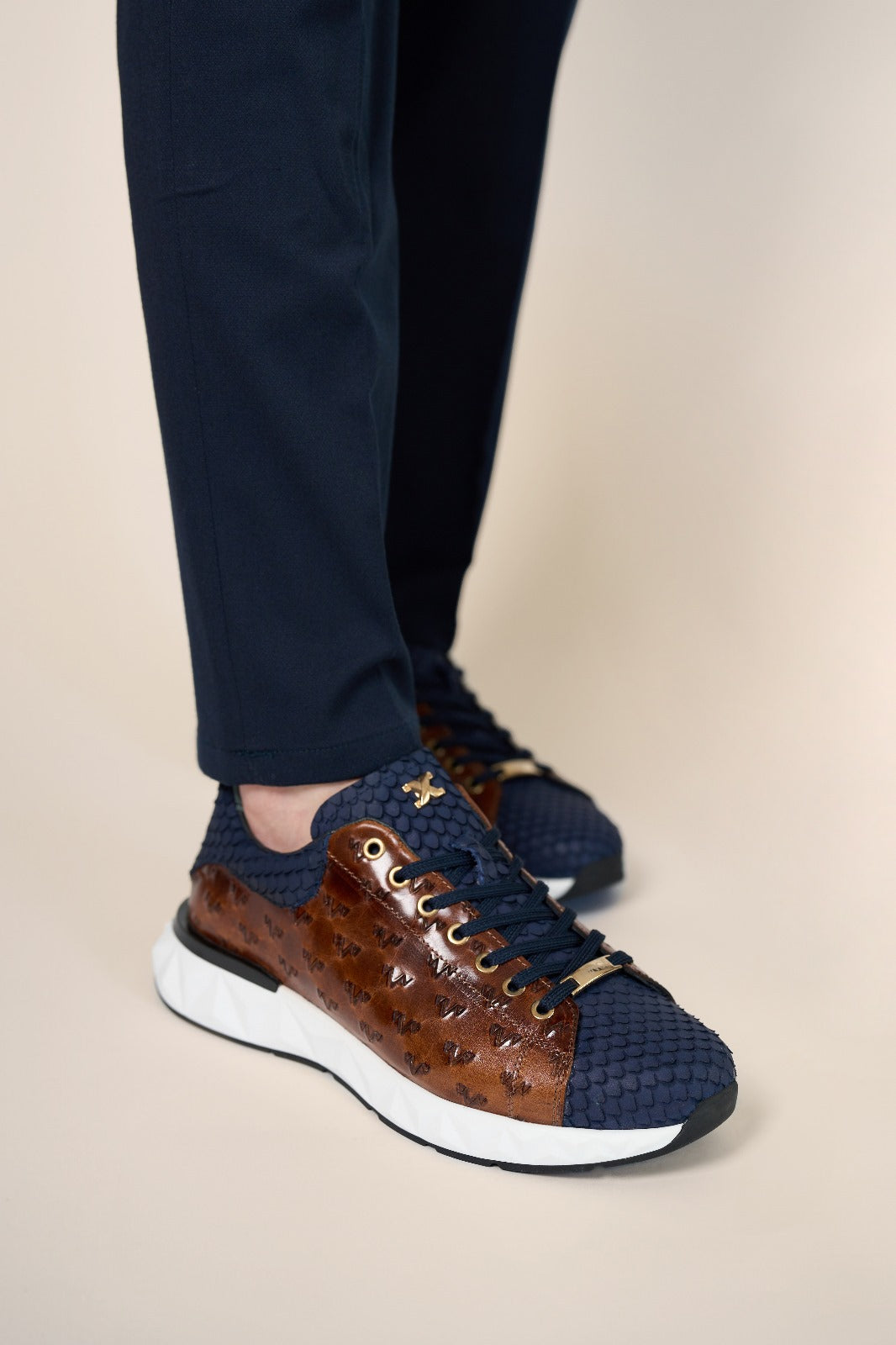 The Caesars Navy Tan Leather Sneaker - Vinci Leather