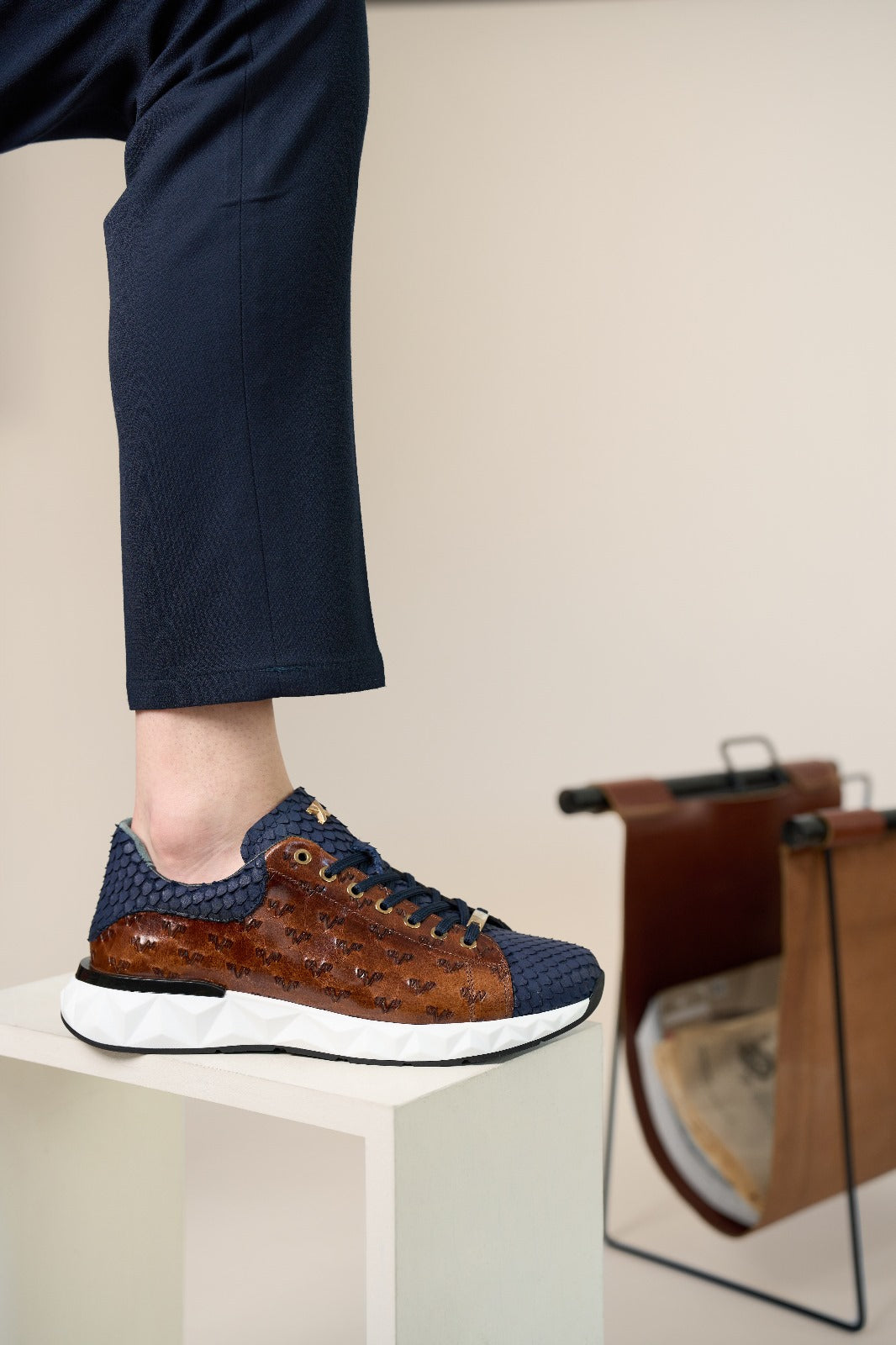 The Caesars Navy Tan Leather Sneaker - Vinci Leather