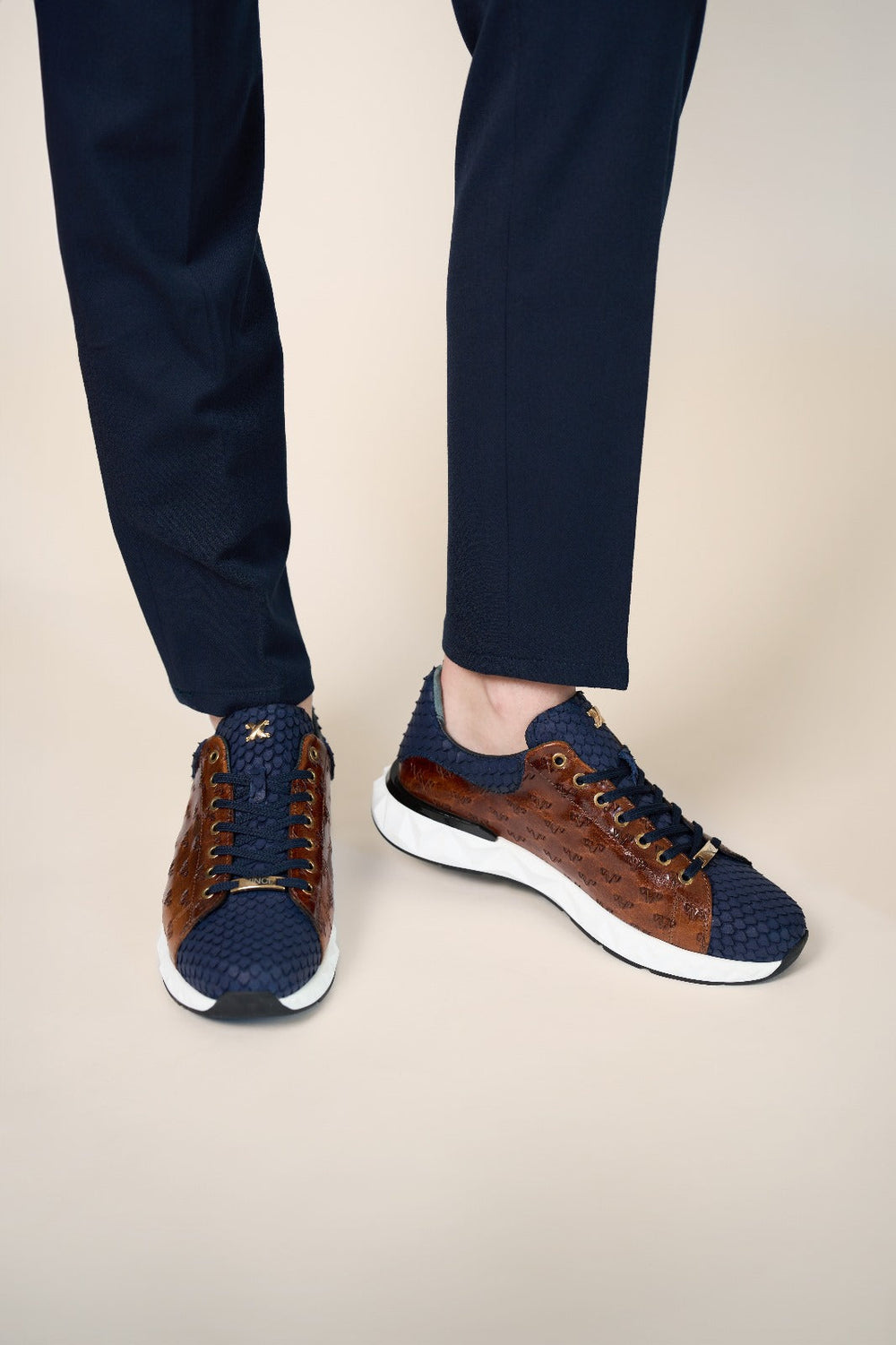 The Caesars Navy Tan Leather Sneaker - Vinci Leather