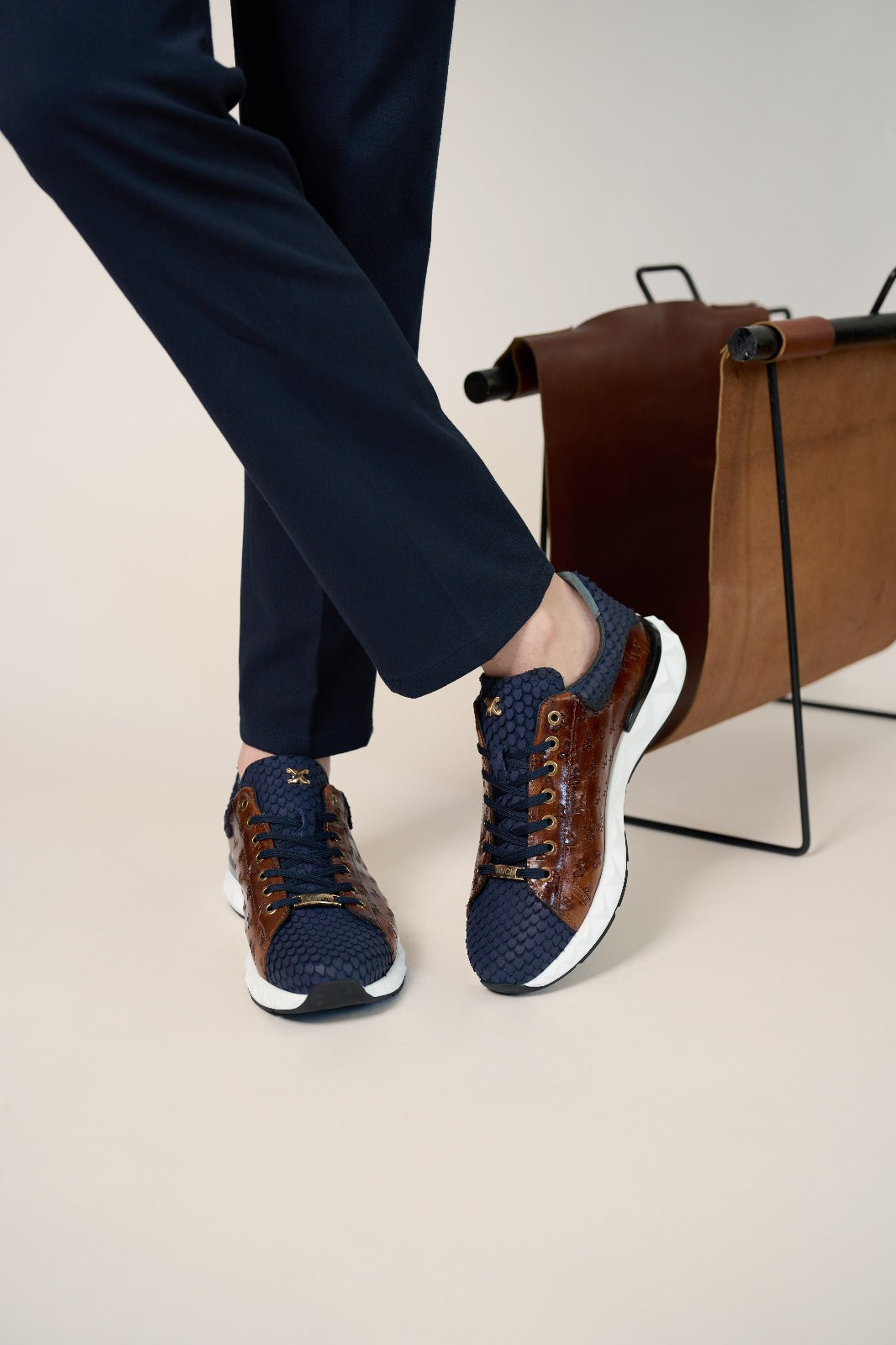 The Caesars Navy Tan Leather Sneaker - Vinci Leather