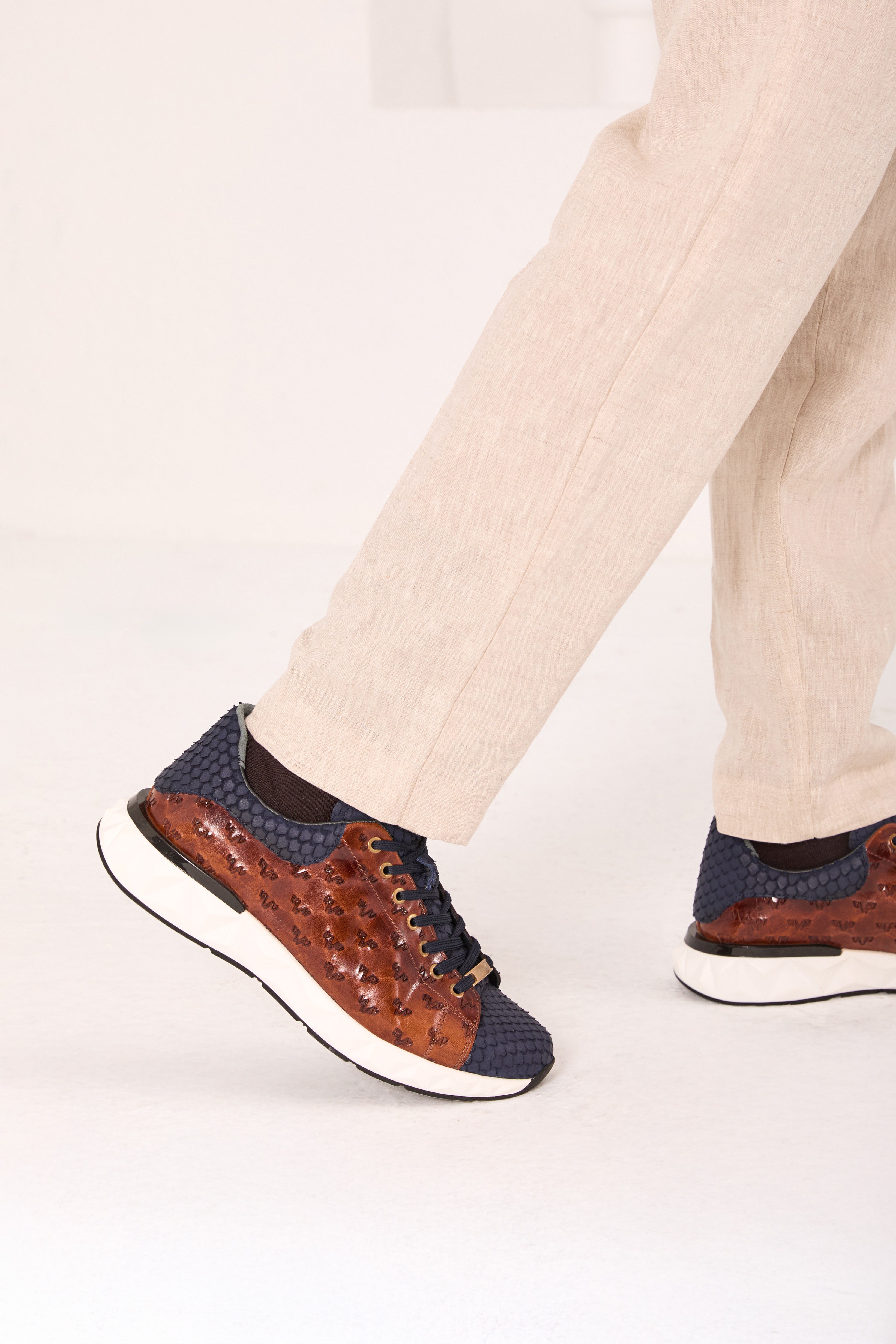 The Caesars Navy Tan Leather Sneaker - Vinci Leather