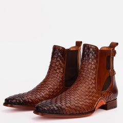 The Rolls Boot Woven Tan Leather Double Monk Strap Handmade Shoe - Vinci Leather
