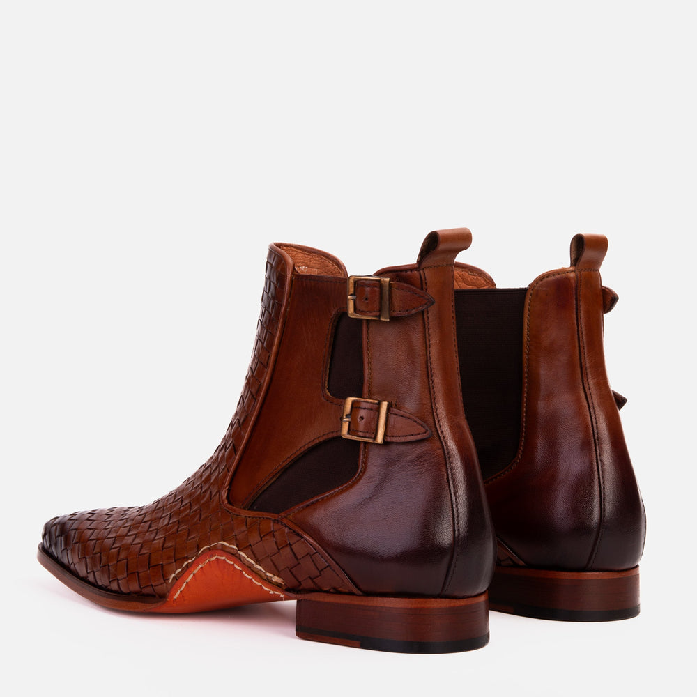 The Rolls Boot Woven Tan Leather Double Monk Strap Handmade Shoe - Vinci Leather